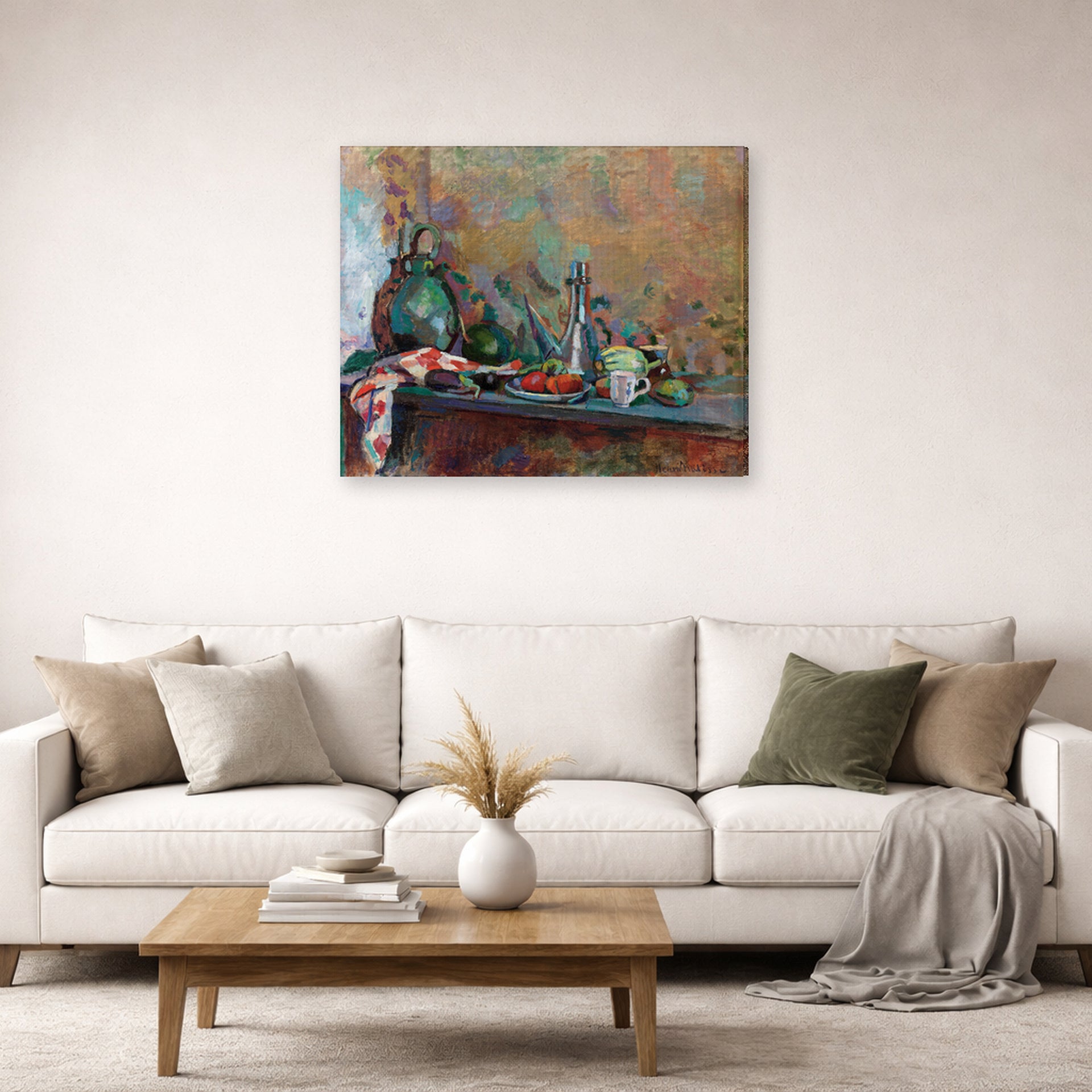 Gallery-wrapped canvas print of Henri Matisse's Still Life with Purro hanging in a living room, view 2