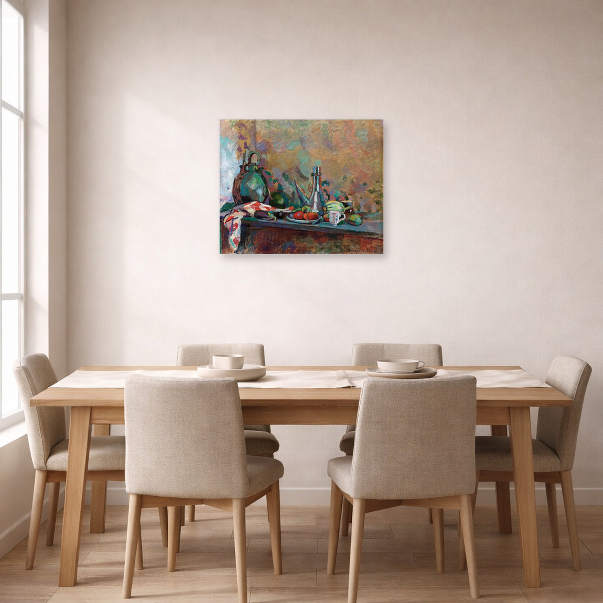 Unframed poster print of Henri Matisse's Still Life with Purro displayed on a dining room wall