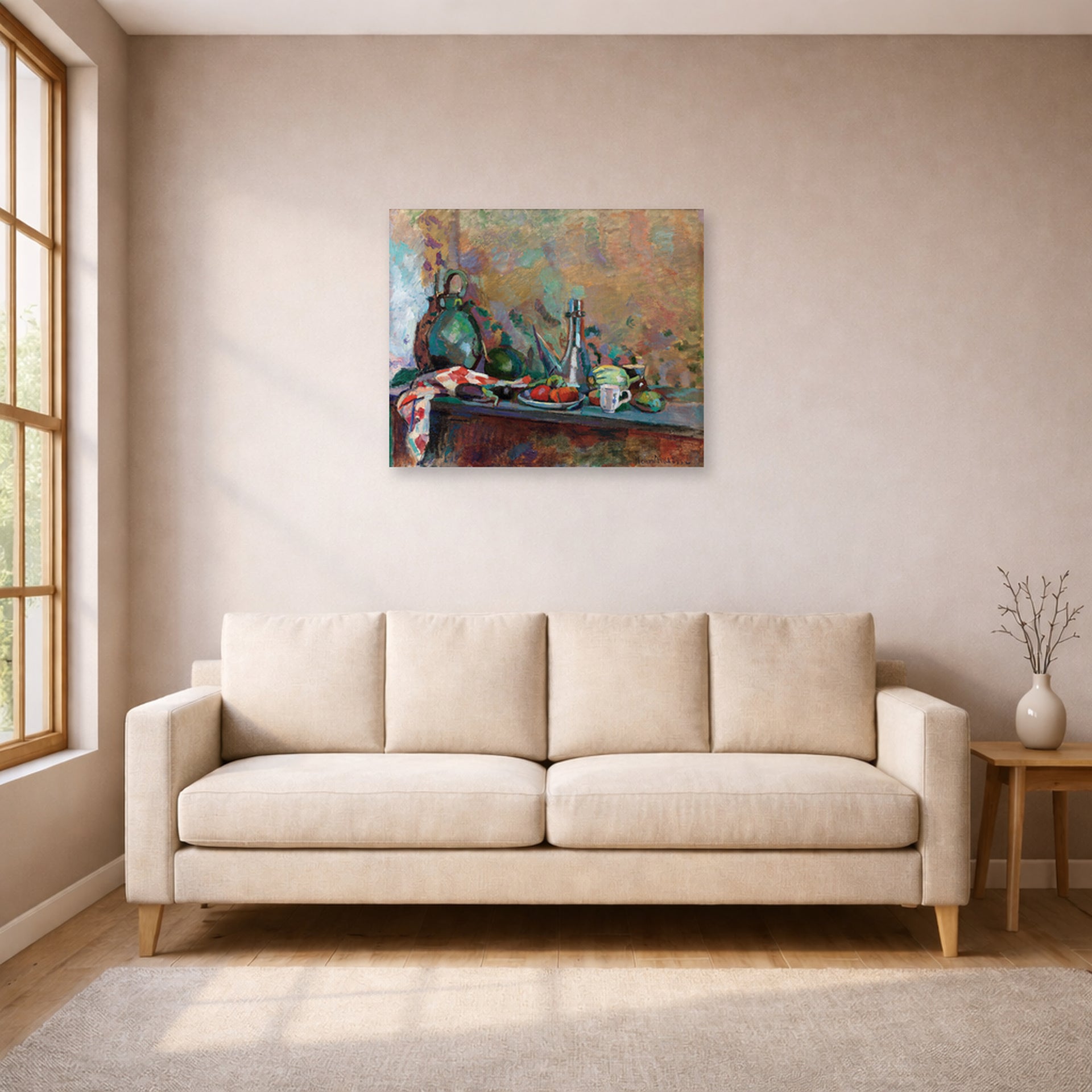 Unframed poster print of Henri Matisse's Still Life with Purro displayed in a living room, view 1