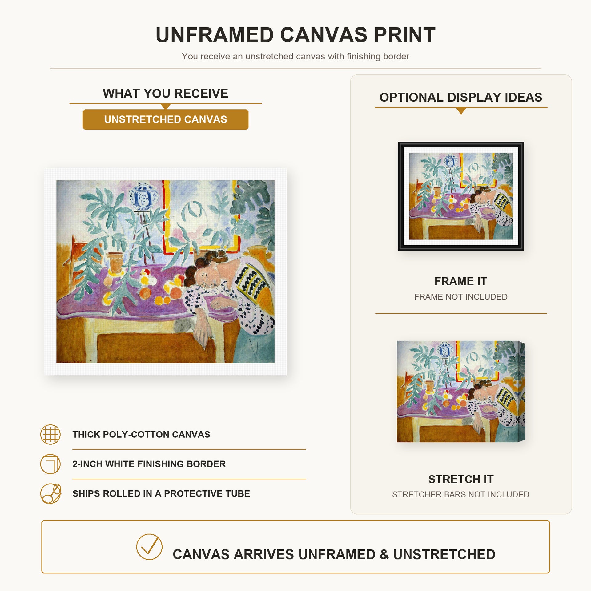 Henri Matisse - Still Life with Sleeper canvas print size comparison and framing display infographic