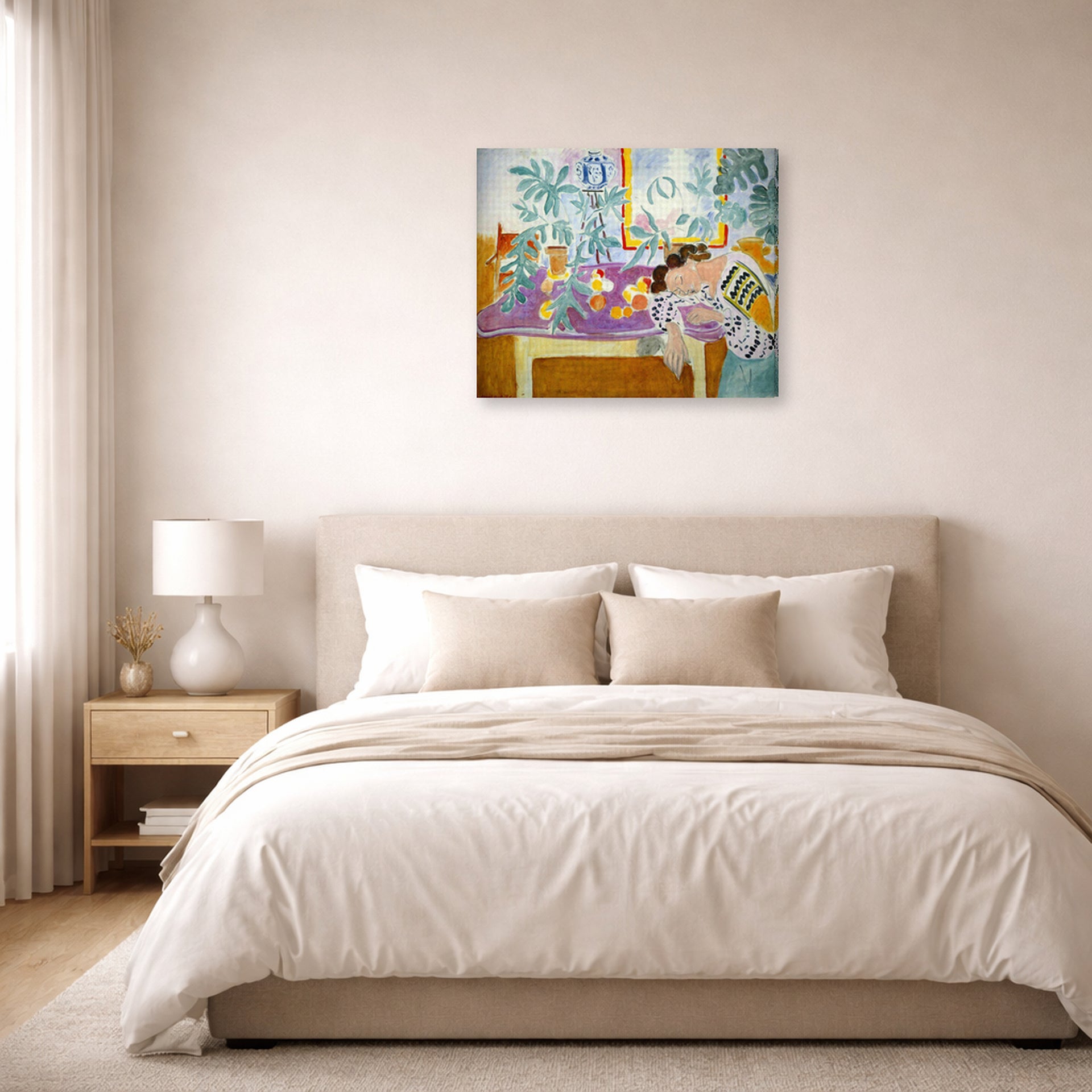 Gallery-wrapped canvas print of Henri Matisse's Still Life with Sleeper hanging above a bed in a bedroom