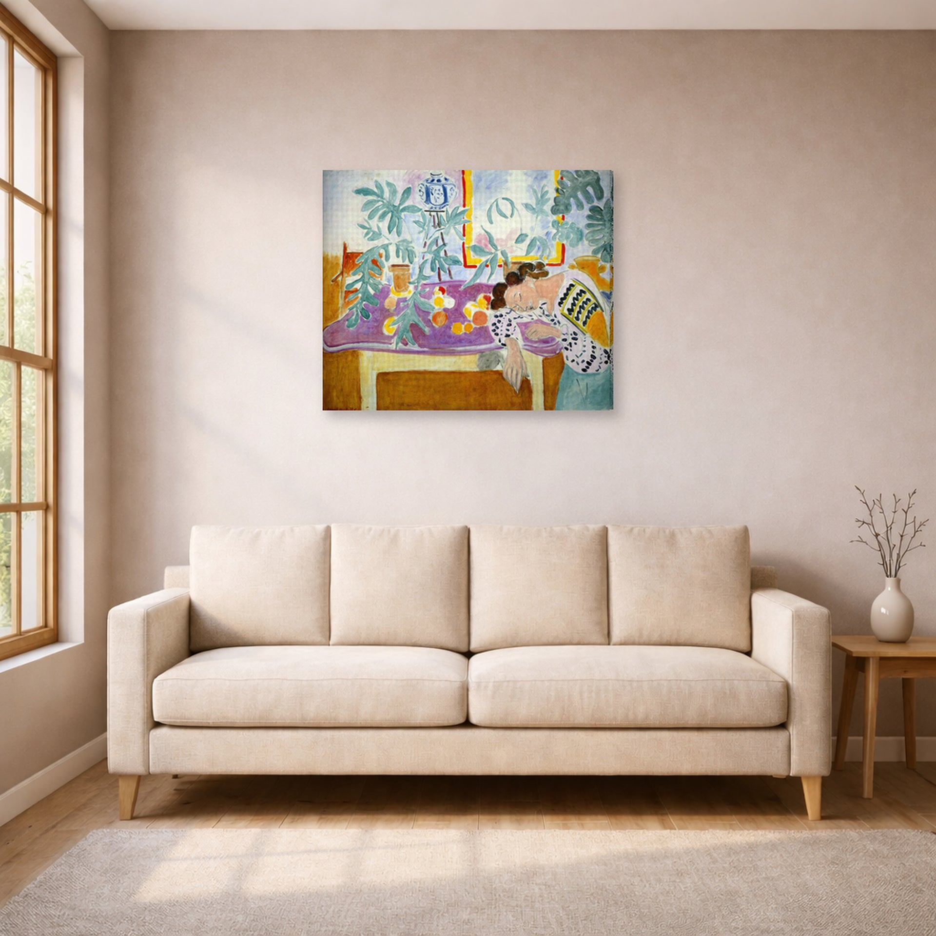 Gallery-wrapped canvas print of Henri Matisse's Still Life with Sleeper hanging in a living room, view 1