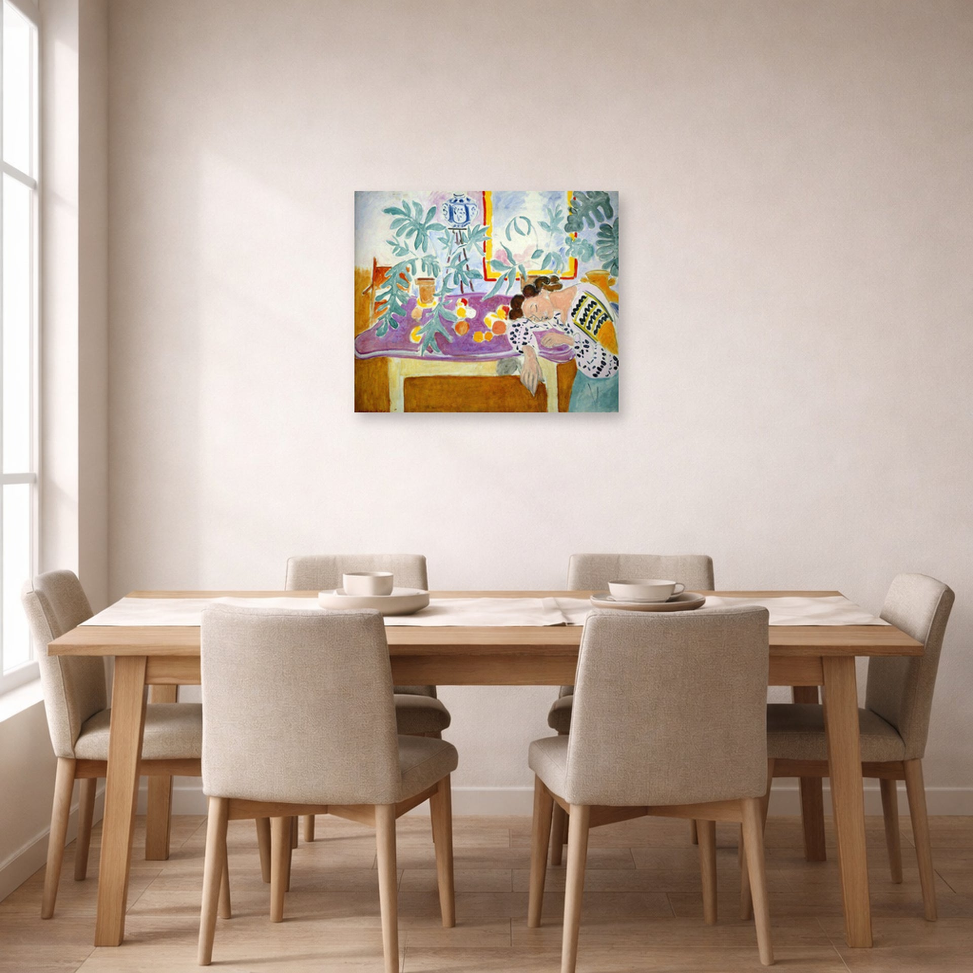 Unframed poster print of Henri Matisse's Still Life with Sleeper displayed on a dining room wall