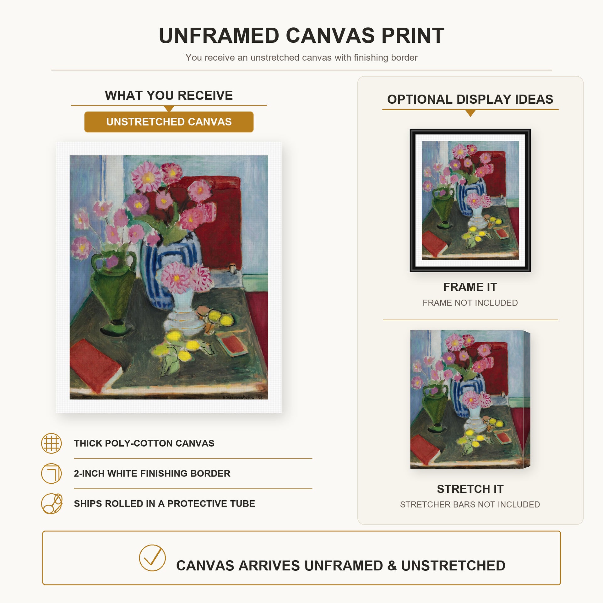 Henri Matisse - Still Life with Three Vases canvas print size comparison and framing display infographic