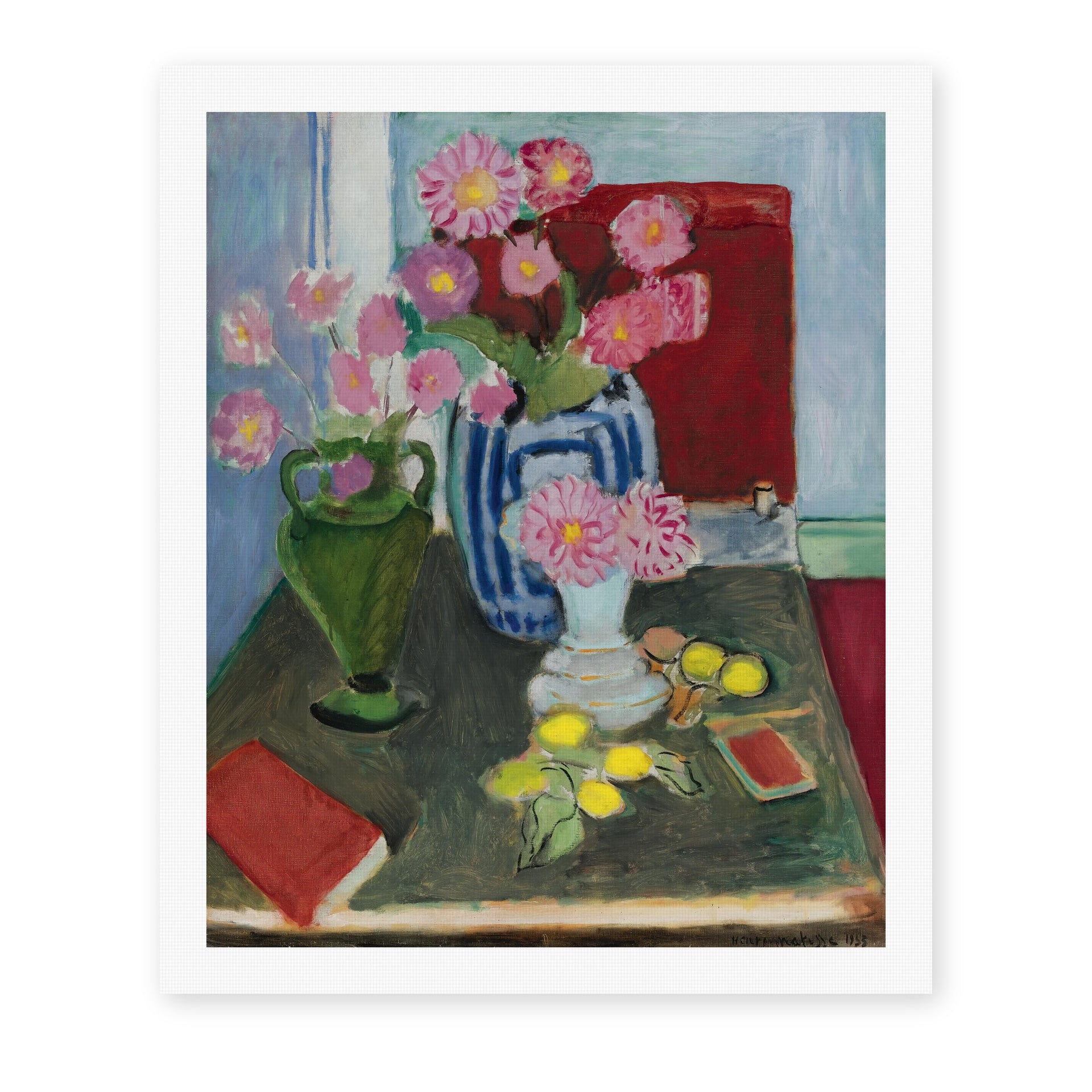 Henri Matisse's Still Life with Three Vases painting reproduced as a rolled canvas print