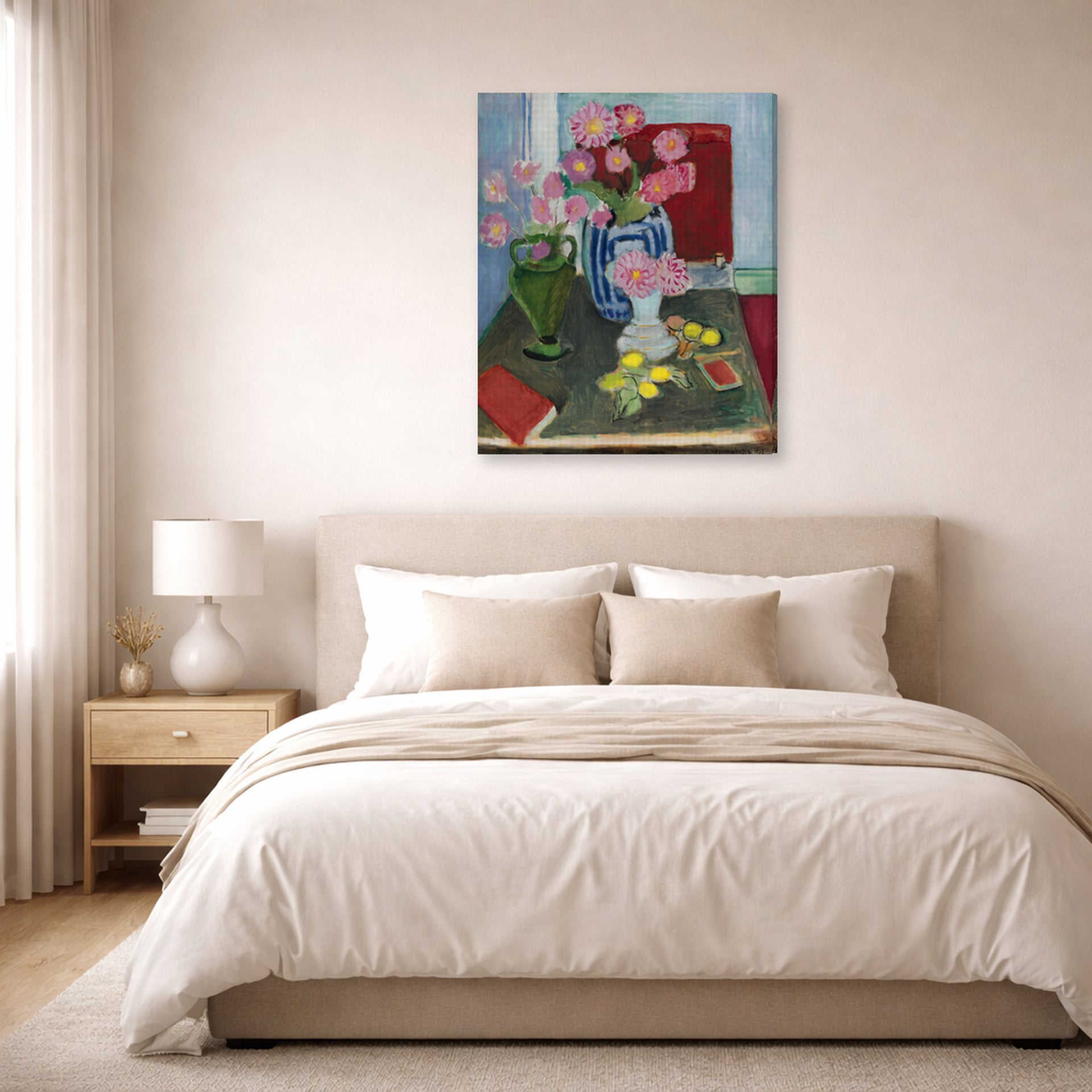 Gallery-wrapped canvas print of Henri Matisse's Still Life with Three Vases hanging above a bed in a bedroom