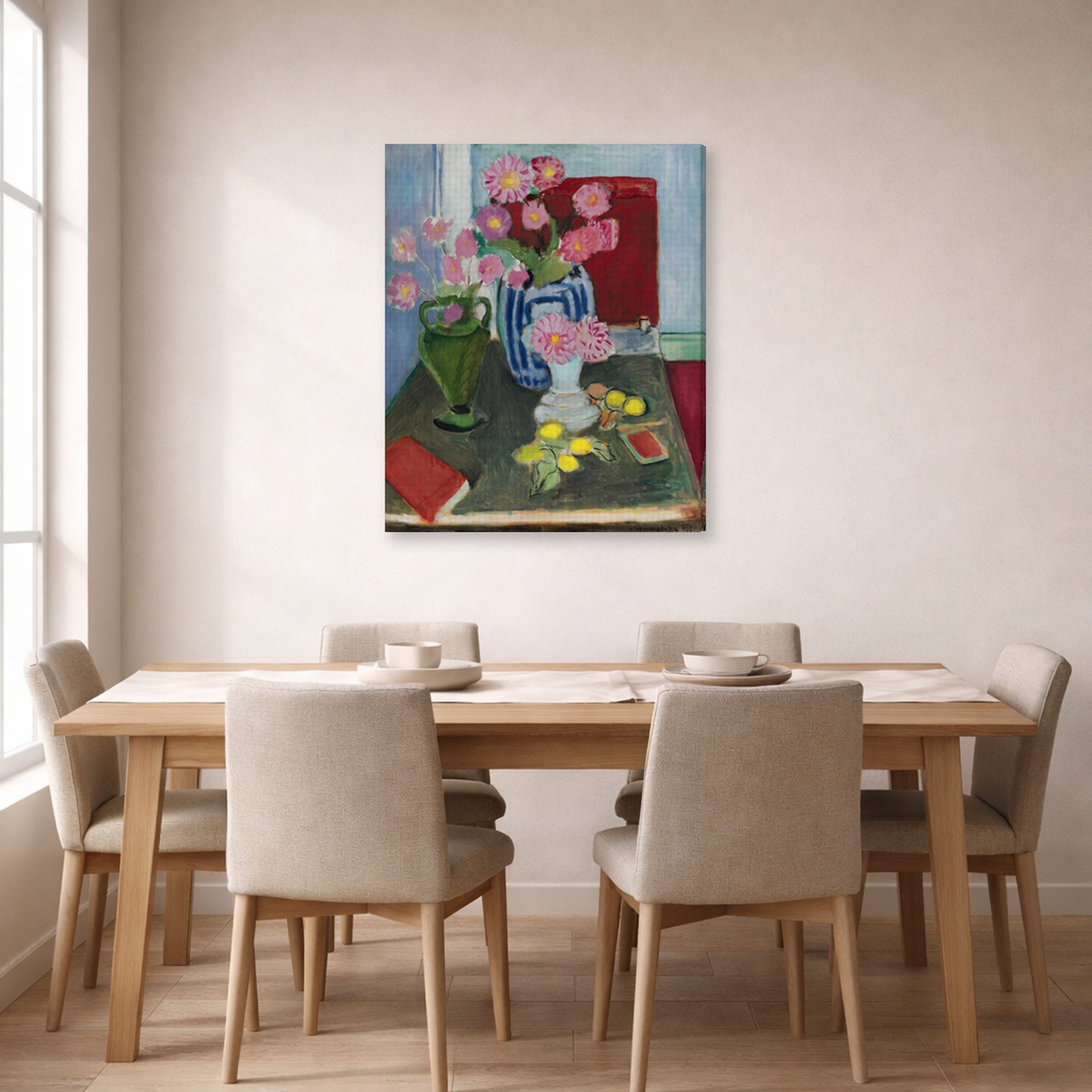 Gallery-wrapped canvas print of Henri Matisse's Still Life with Three Vases hanging on a dining room wall