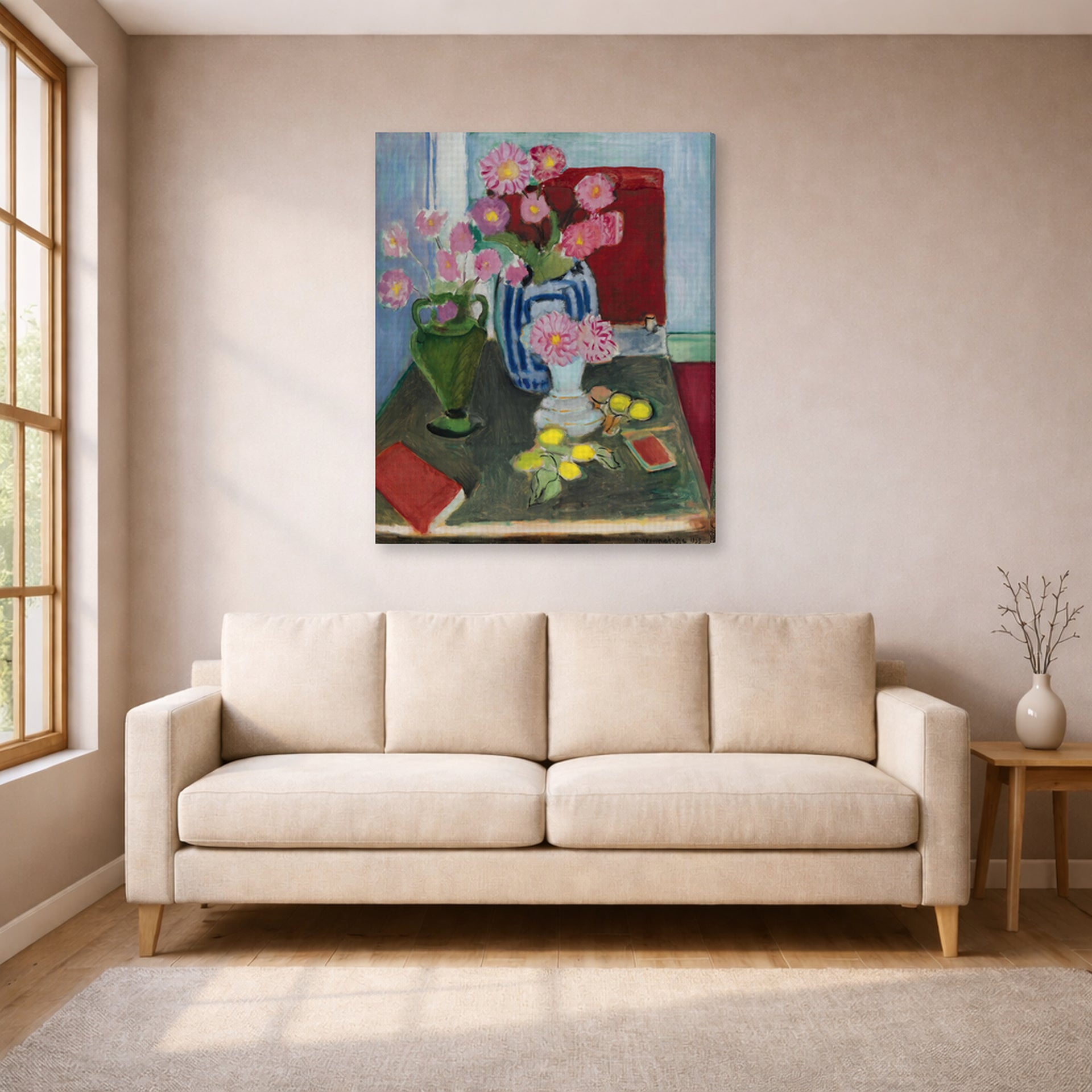 Gallery-wrapped canvas print of Henri Matisse's Still Life with Three Vases hanging in a living room, view 1