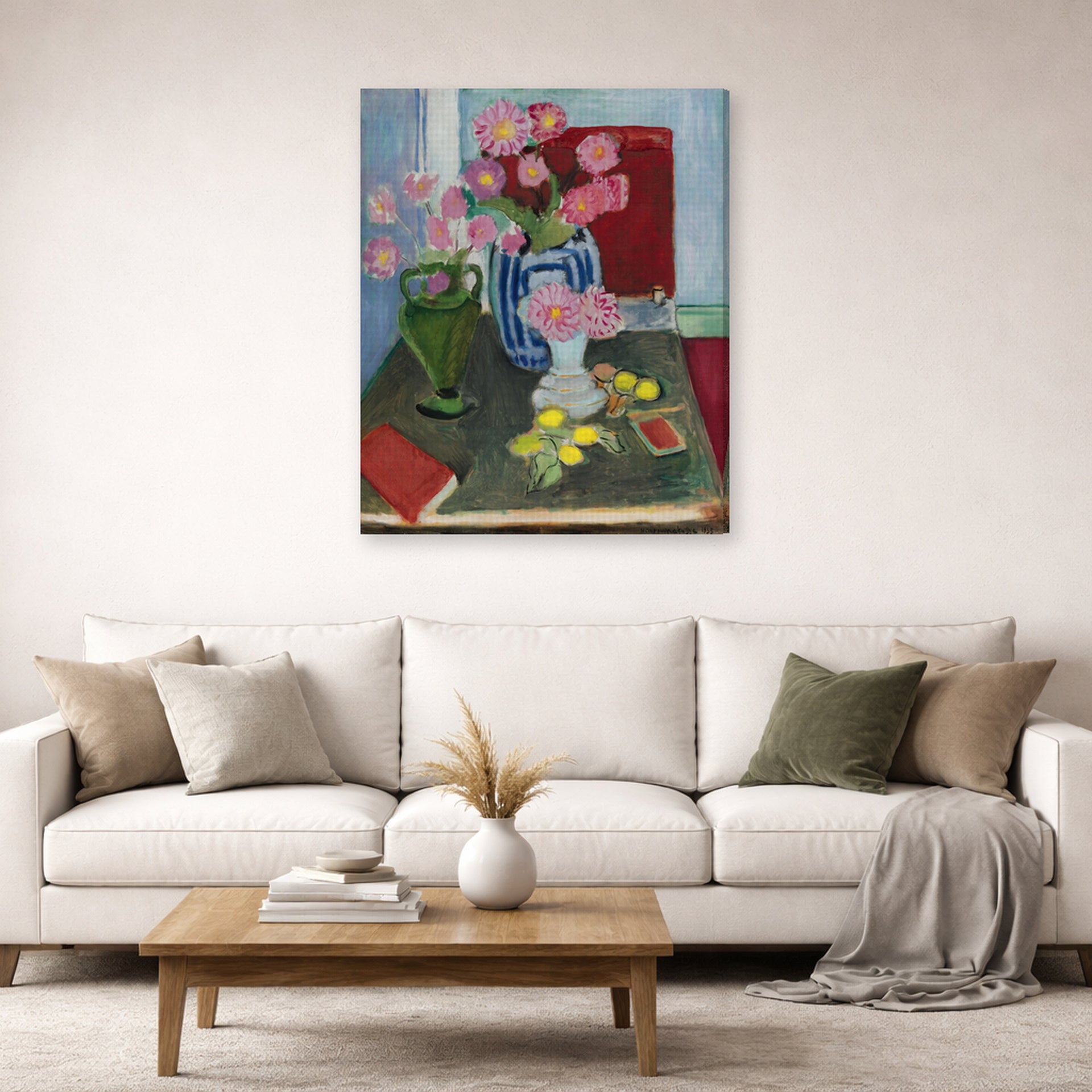 Gallery-wrapped canvas print of Henri Matisse's Still Life with Three Vases hanging in a living room, view 2