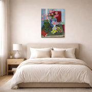 Unframed poster print of Henri Matisse's Still Life with Three Vases displayed above a bed in a bedroom