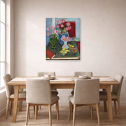 Unframed poster print of Henri Matisse's Still Life with Three Vases displayed on a dining room wall