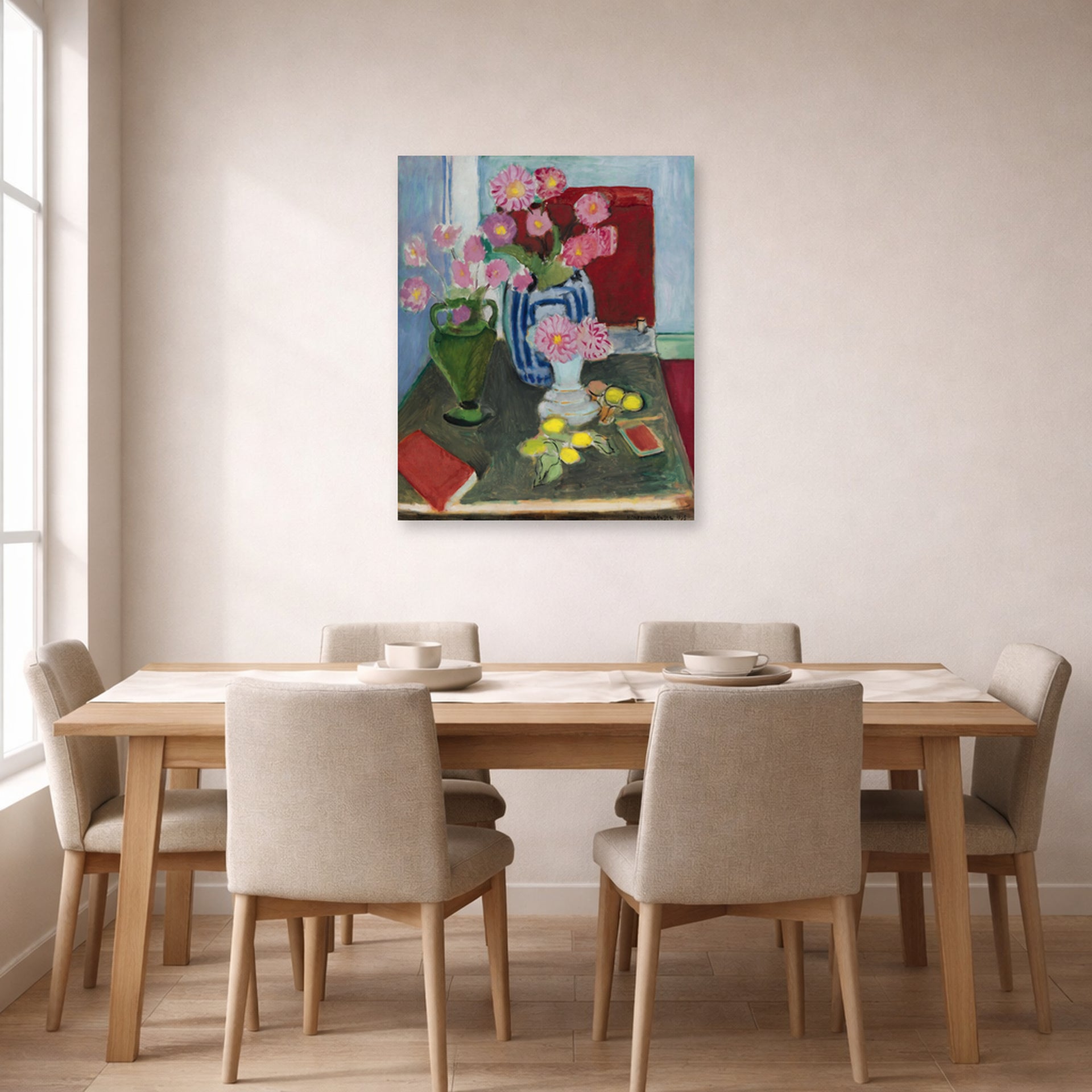 Unframed poster print of Henri Matisse's Still Life with Three Vases displayed on a dining room wall
