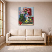 Unframed poster print of Henri Matisse's Still Life with Three Vases displayed in a living room, view 1
