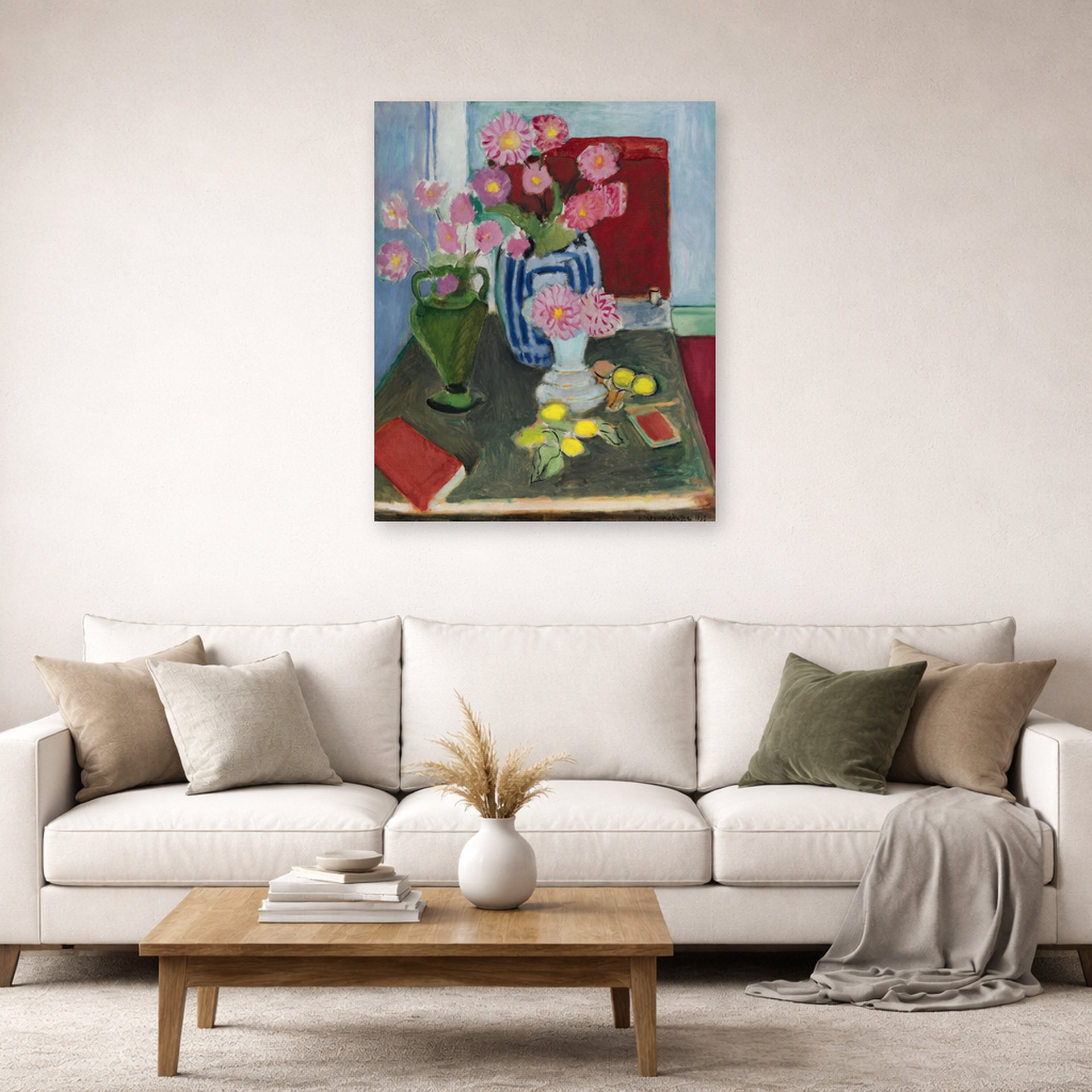 Unframed poster print of Henri Matisse's Still Life with Three Vases displayed in a living room, view 2
