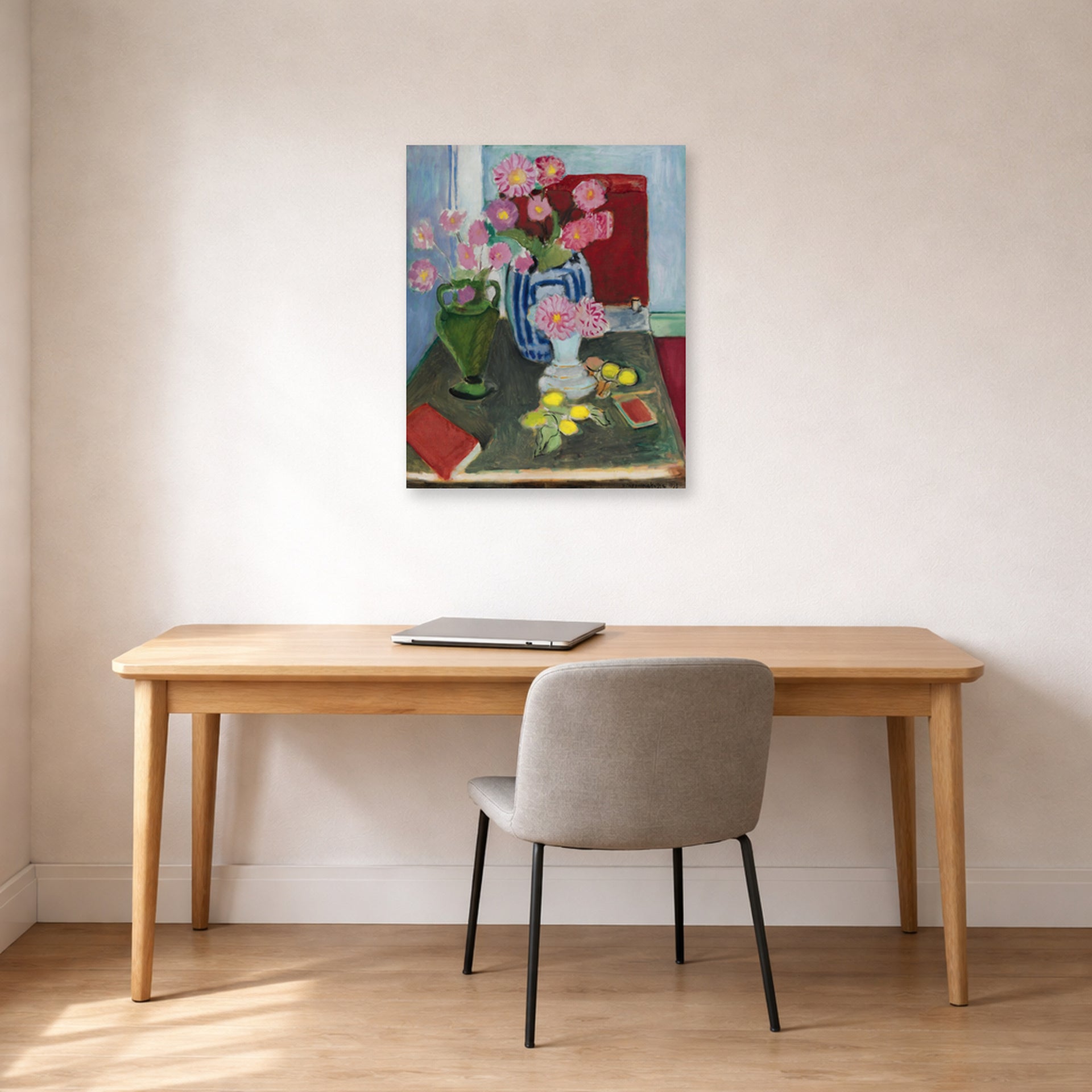 Unframed poster print of Henri Matisse's Still Life with Three Vases displayed in a home office