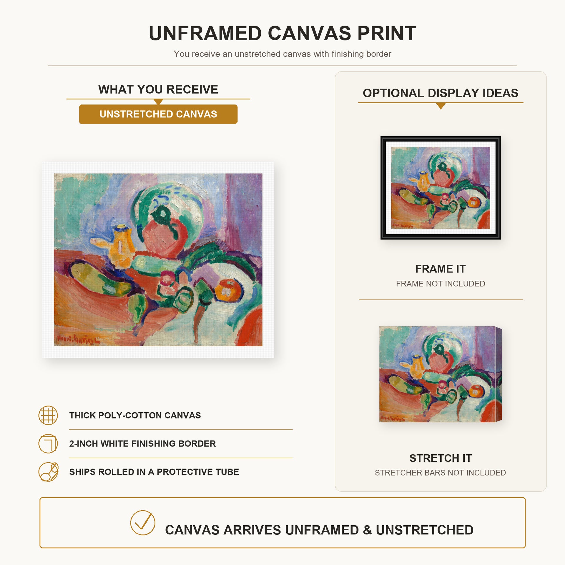 Henri Matisse - Still Life with Vegetables canvas print size comparison and framing display infographic