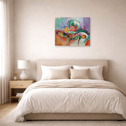 Gallery-wrapped canvas print of Henri Matisse's Still Life with Vegetables hanging above a bed in a bedroom