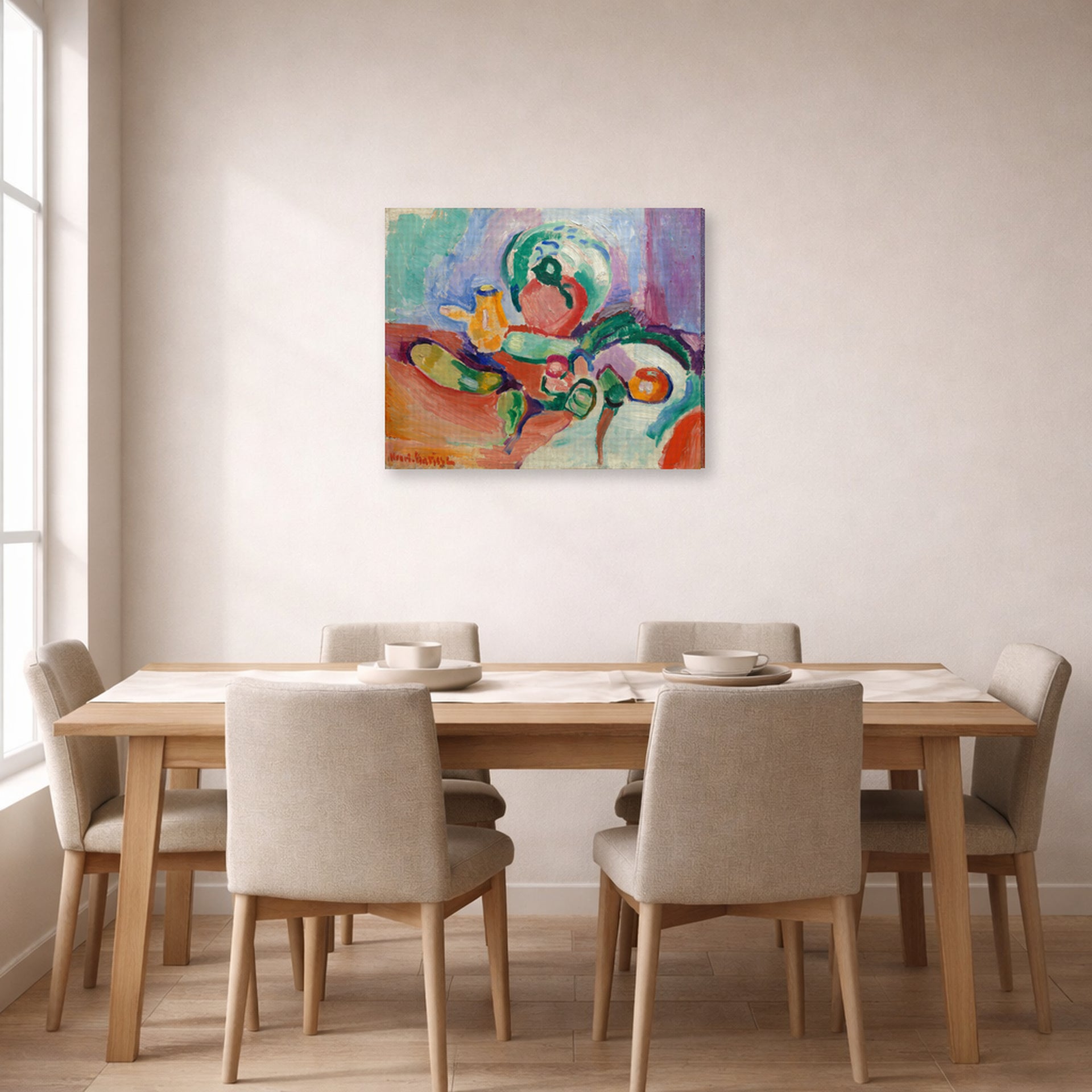 Gallery-wrapped canvas print of Henri Matisse's Still Life with Vegetables hanging on a dining room wall