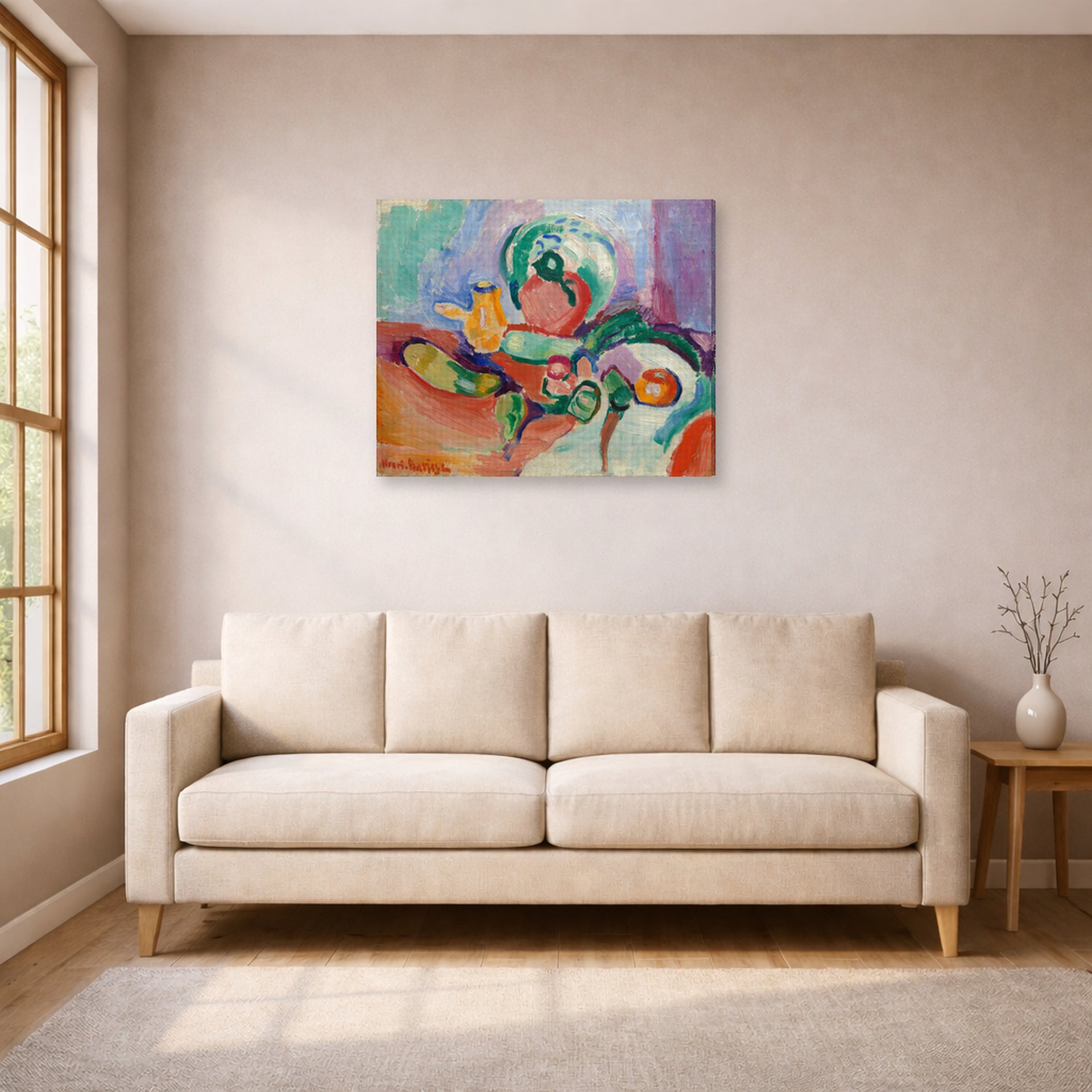 Gallery-wrapped canvas print of Henri Matisse's Still Life with Vegetables hanging in a living room, view 1