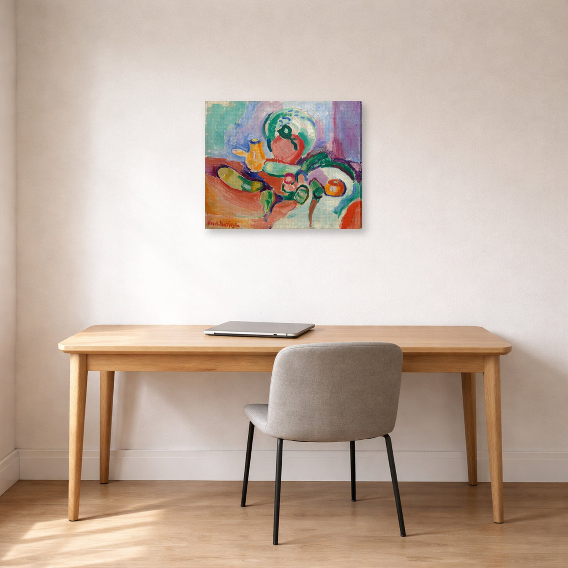 Gallery-wrapped canvas print of Henri Matisse's Still Life with Vegetables hanging in a home office