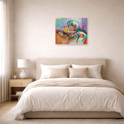 Unframed poster print of Henri Matisse's Still Life with Vegetables displayed above a bed in a bedroom