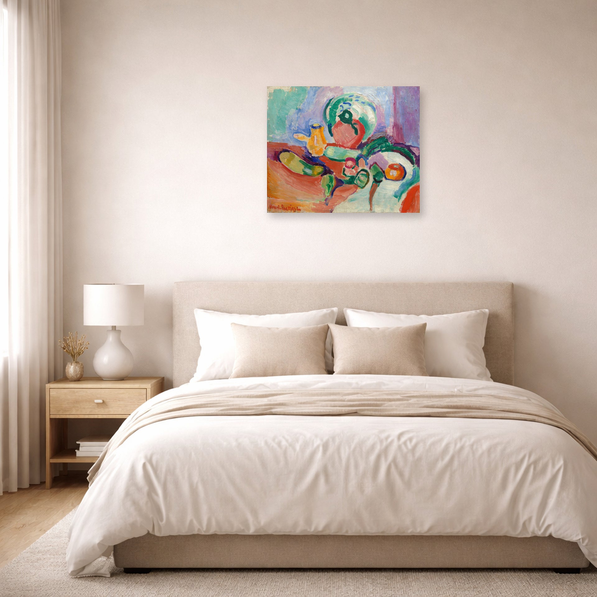 Unframed poster print of Henri Matisse's Still Life with Vegetables displayed above a bed in a bedroom