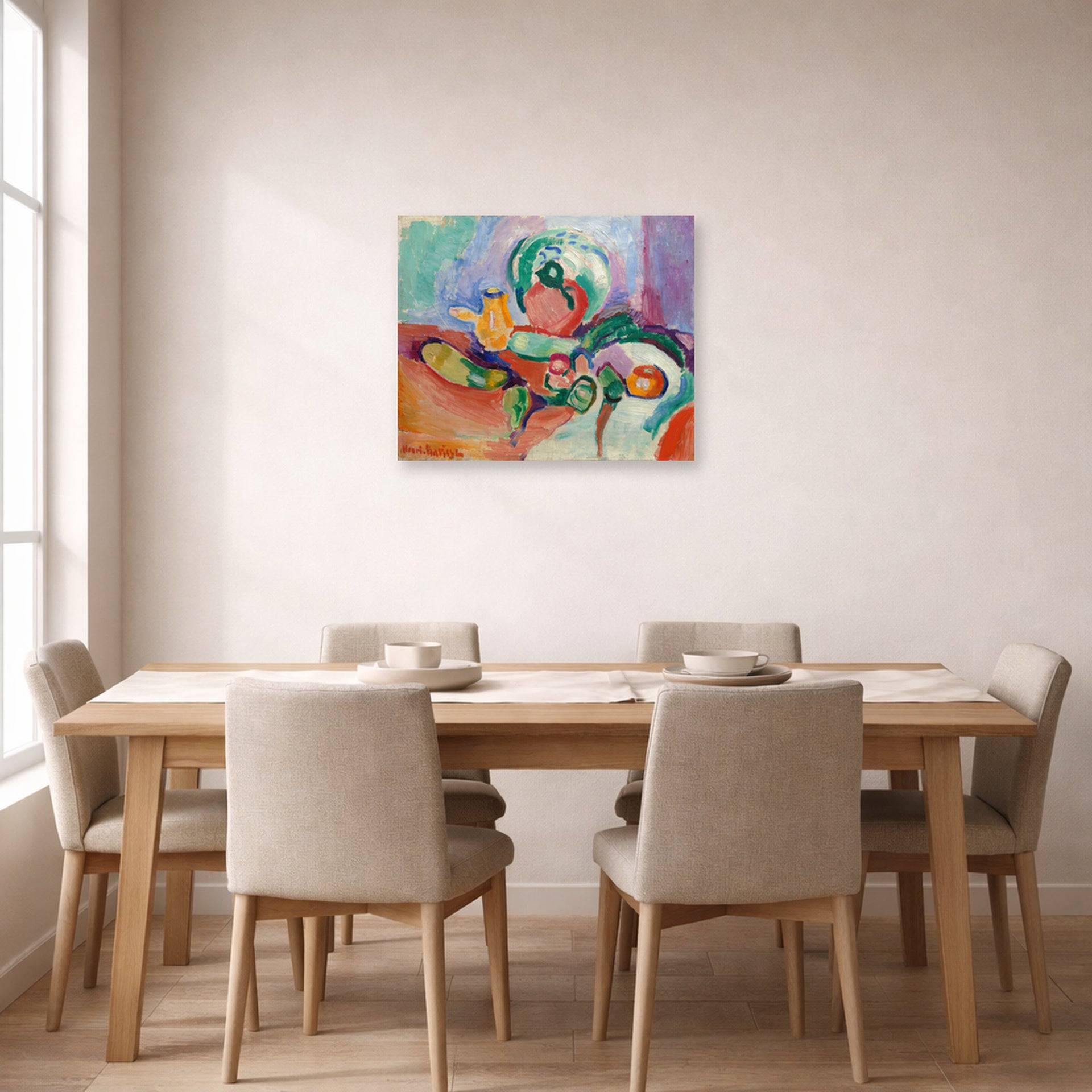 Unframed poster print of Henri Matisse's Still Life with Vegetables displayed on a dining room wall