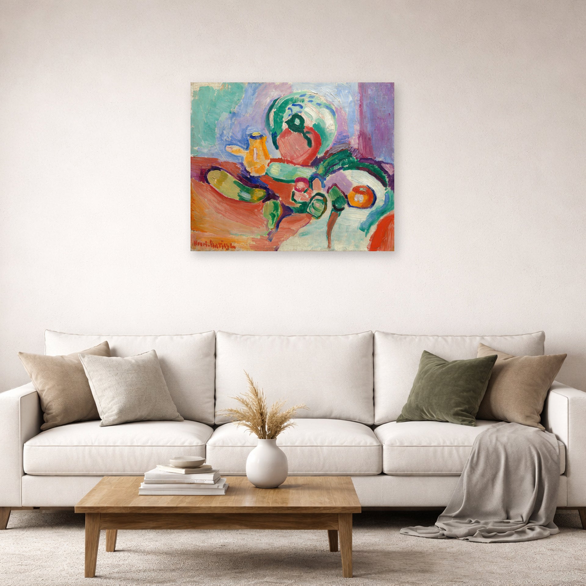 Unframed poster print of Henri Matisse's Still Life with Vegetables displayed in a living room, view 2