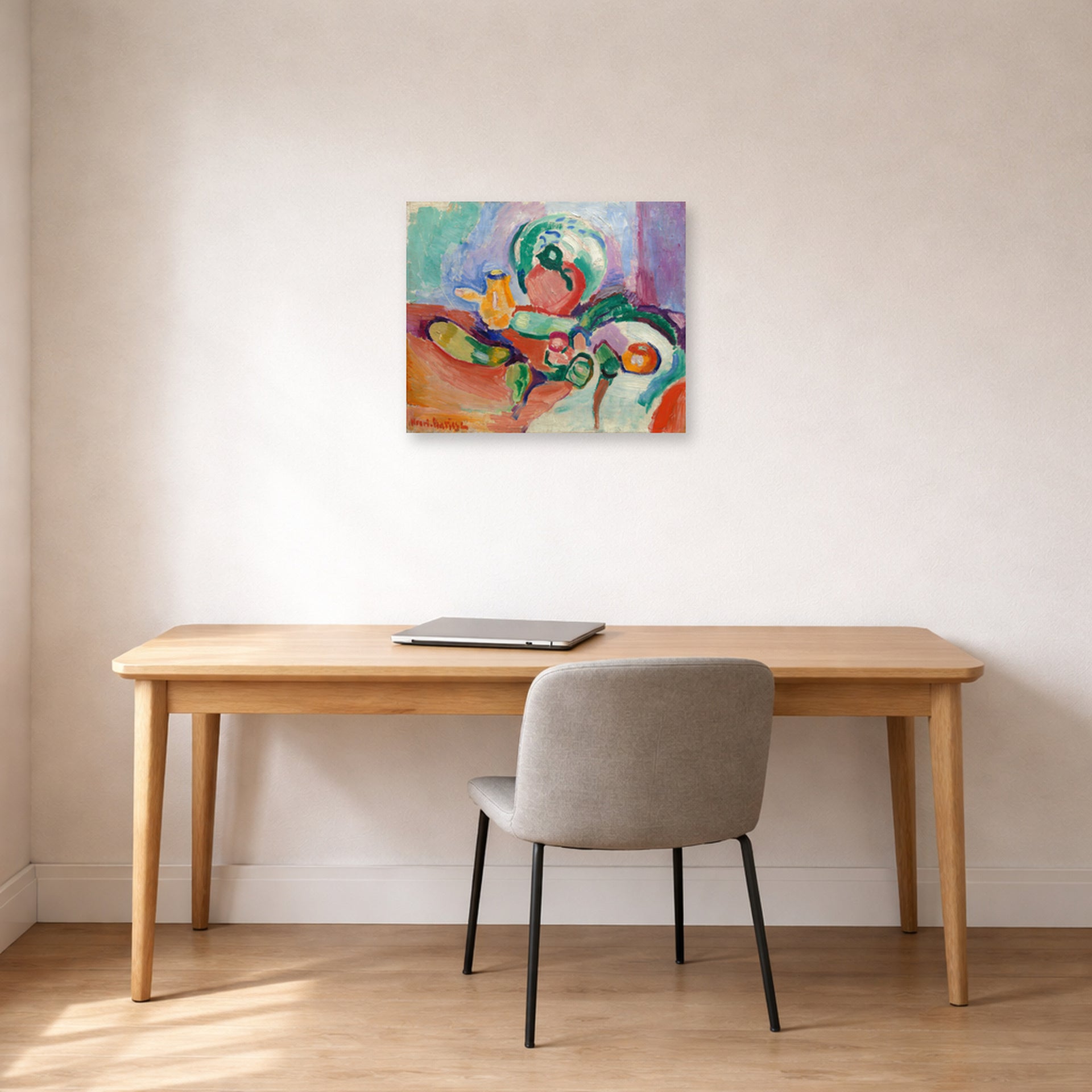 Unframed poster print of Henri Matisse's Still Life with Vegetables displayed in a home office