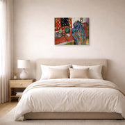Gallery-wrapped canvas print of Henri Matisse's Still Life with a Red Rug hanging above a bed in a bedroom