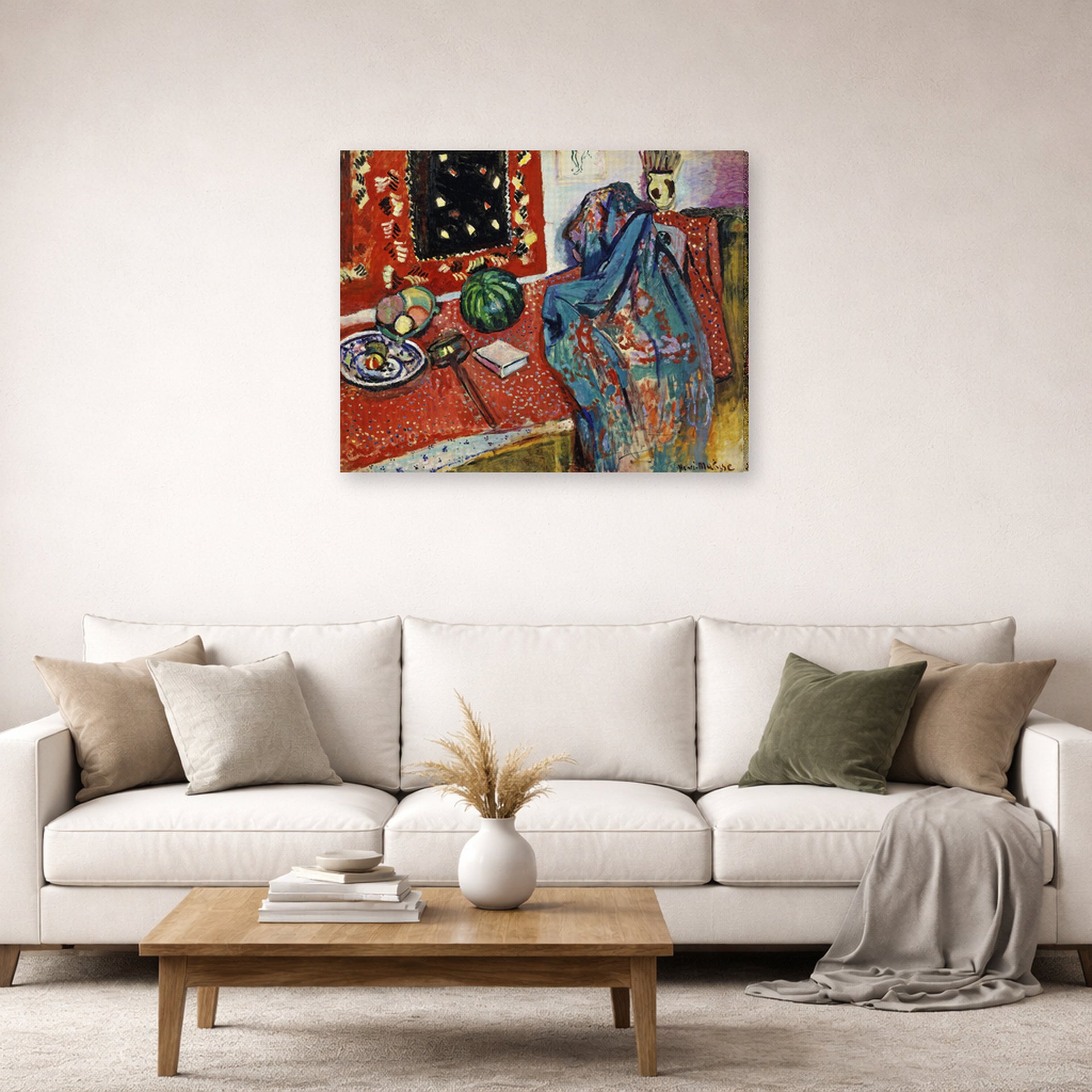 Gallery-wrapped canvas print of Henri Matisse's Still Life with a Red Rug hanging in a living room, view 2
