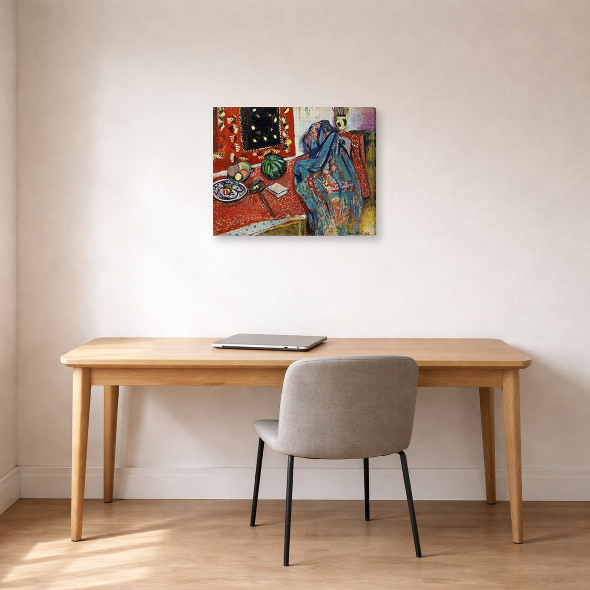 Gallery-wrapped canvas print of Henri Matisse's Still Life with a Red Rug hanging in a home office