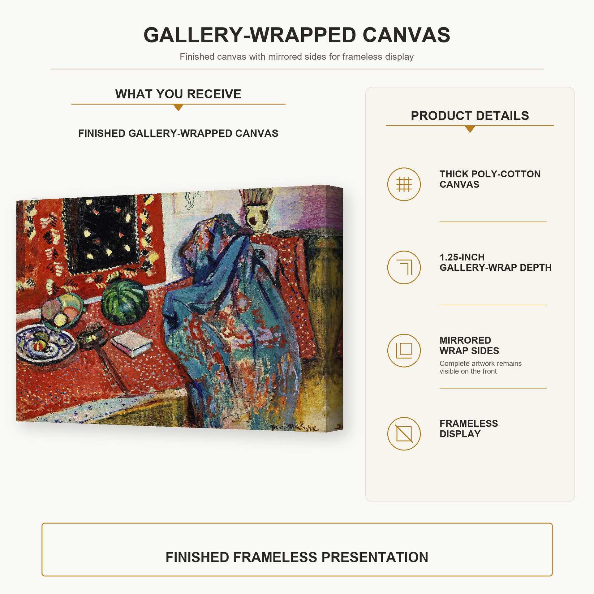 Henri Matisse - Still Life with a Red Rug gallery wrap canvas construction and hanging details infographic