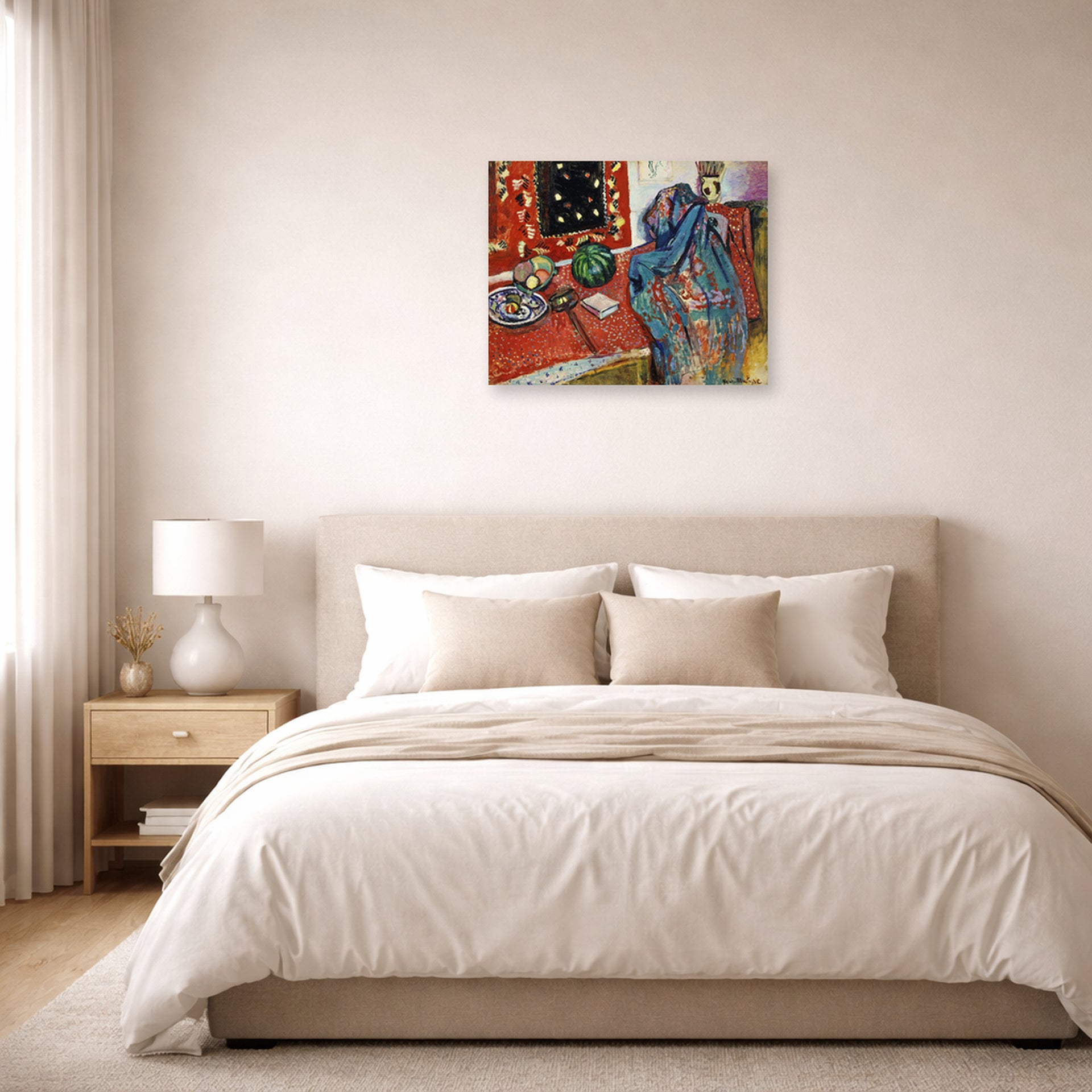 Unframed poster print of Henri Matisse's Still Life with a Red Rug displayed above a bed in a bedroom