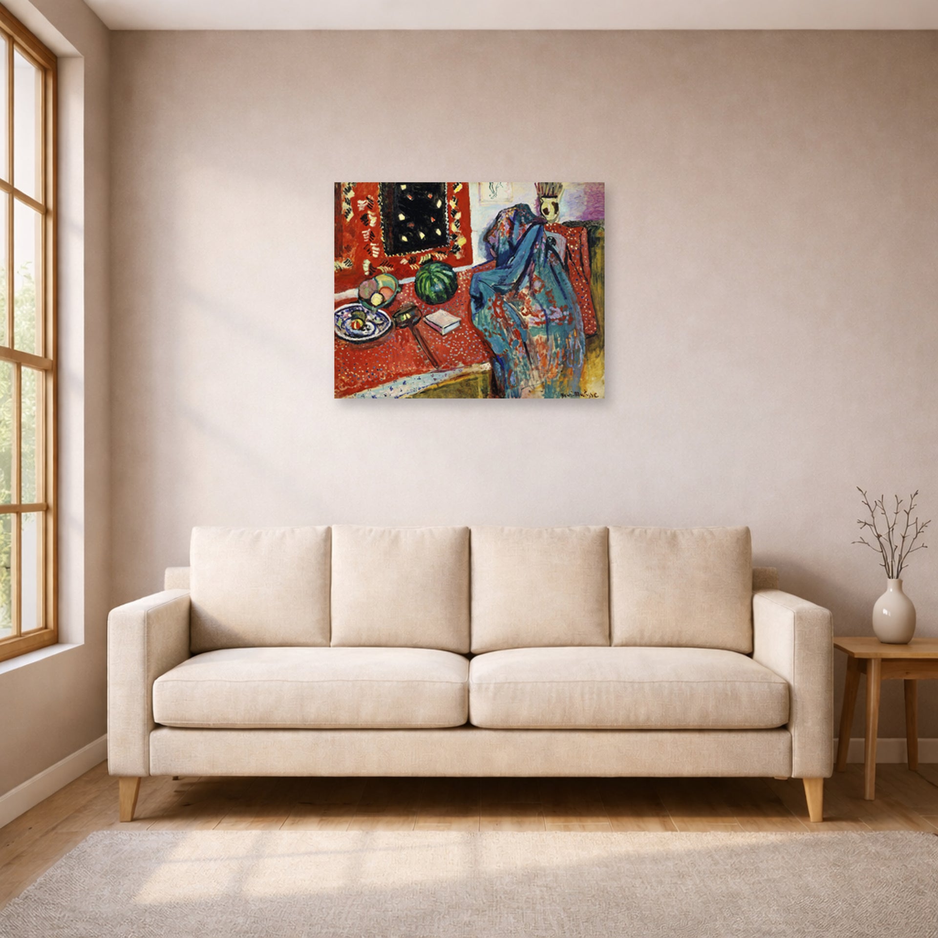 Unframed poster print of Henri Matisse's Still Life with a Red Rug displayed in a living room, view 1