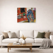 Unframed poster print of Henri Matisse's Still Life with a Red Rug displayed in a living room, view 2