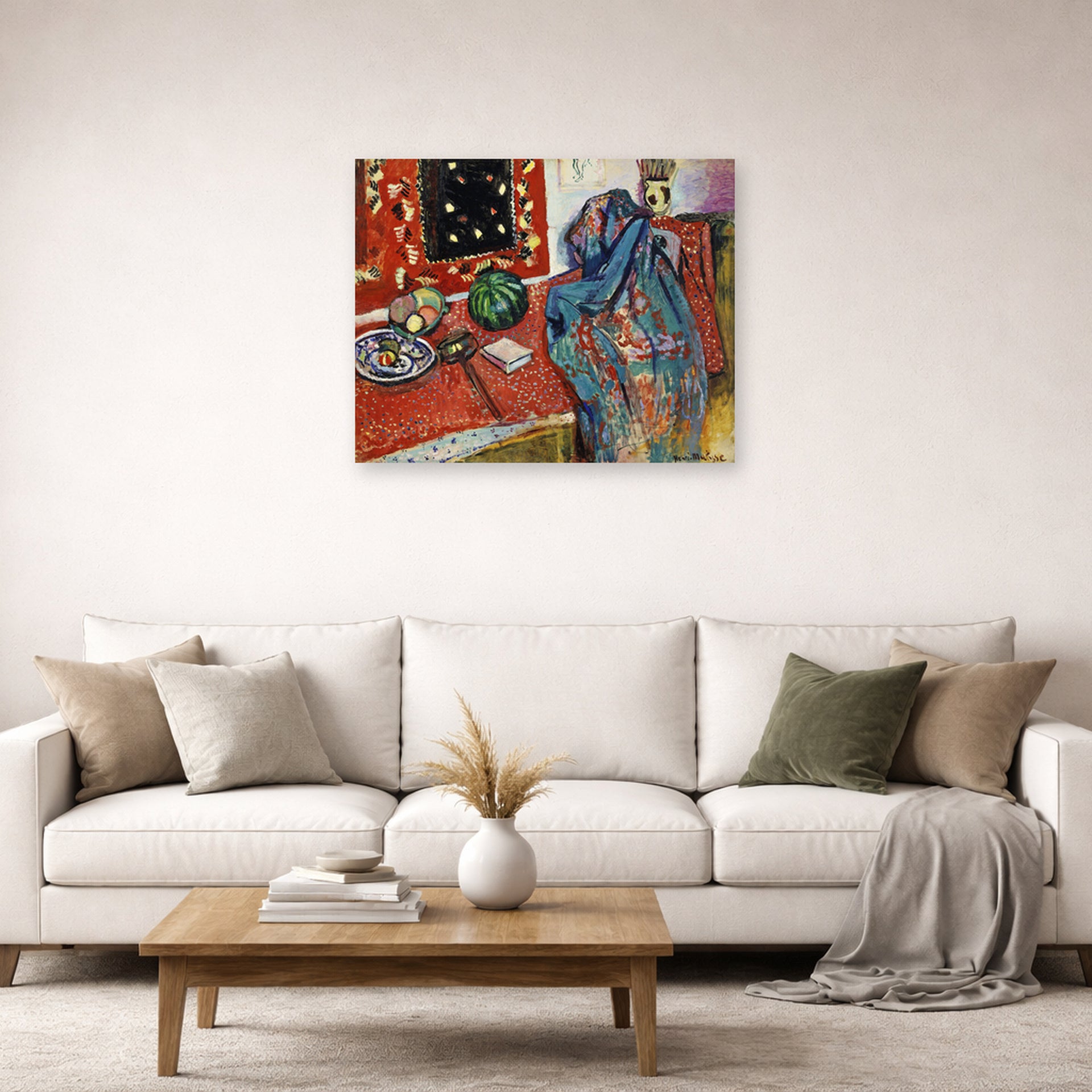 Unframed poster print of Henri Matisse's Still Life with a Red Rug displayed in a living room, view 2