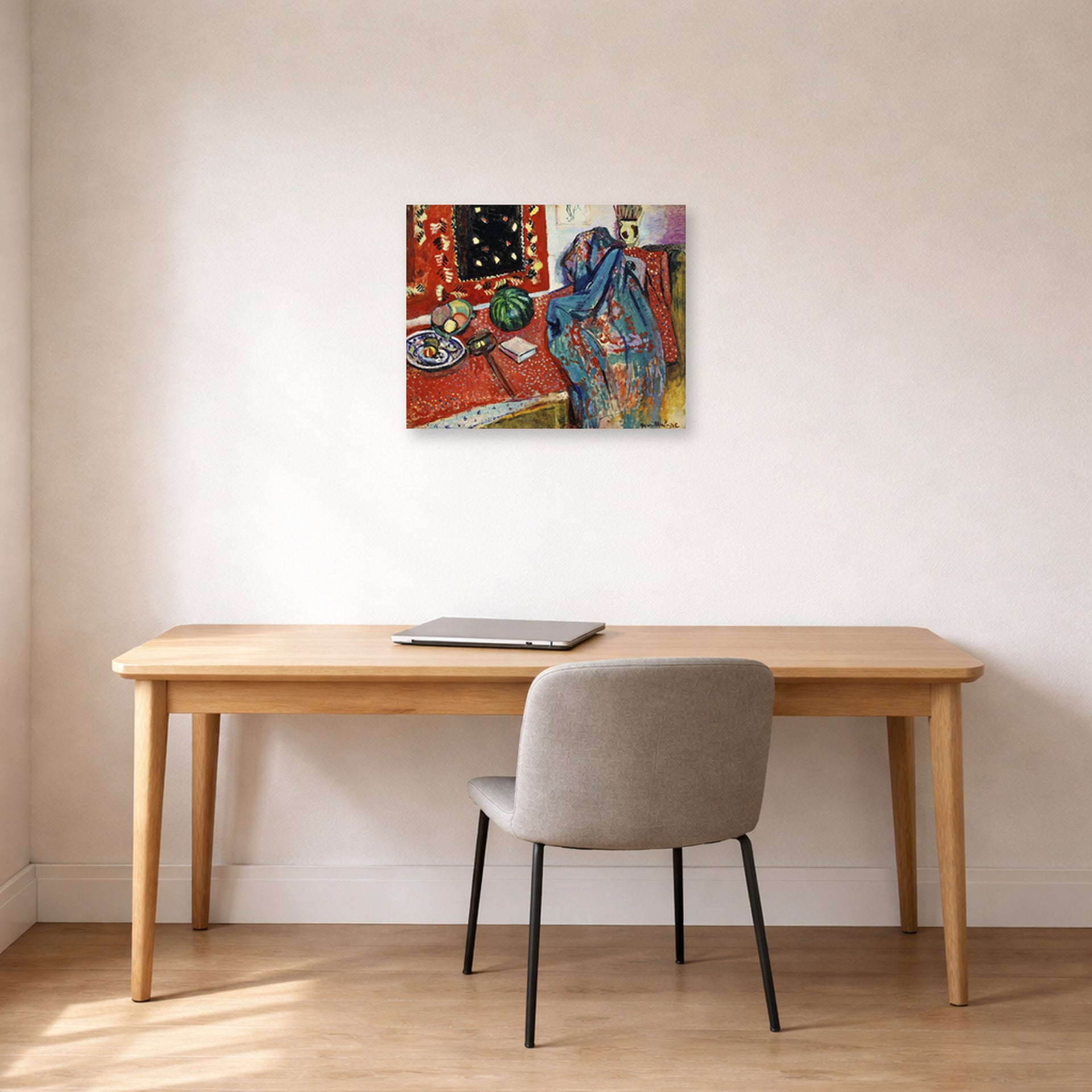 Unframed poster print of Henri Matisse's Still Life with a Red Rug displayed in a home office