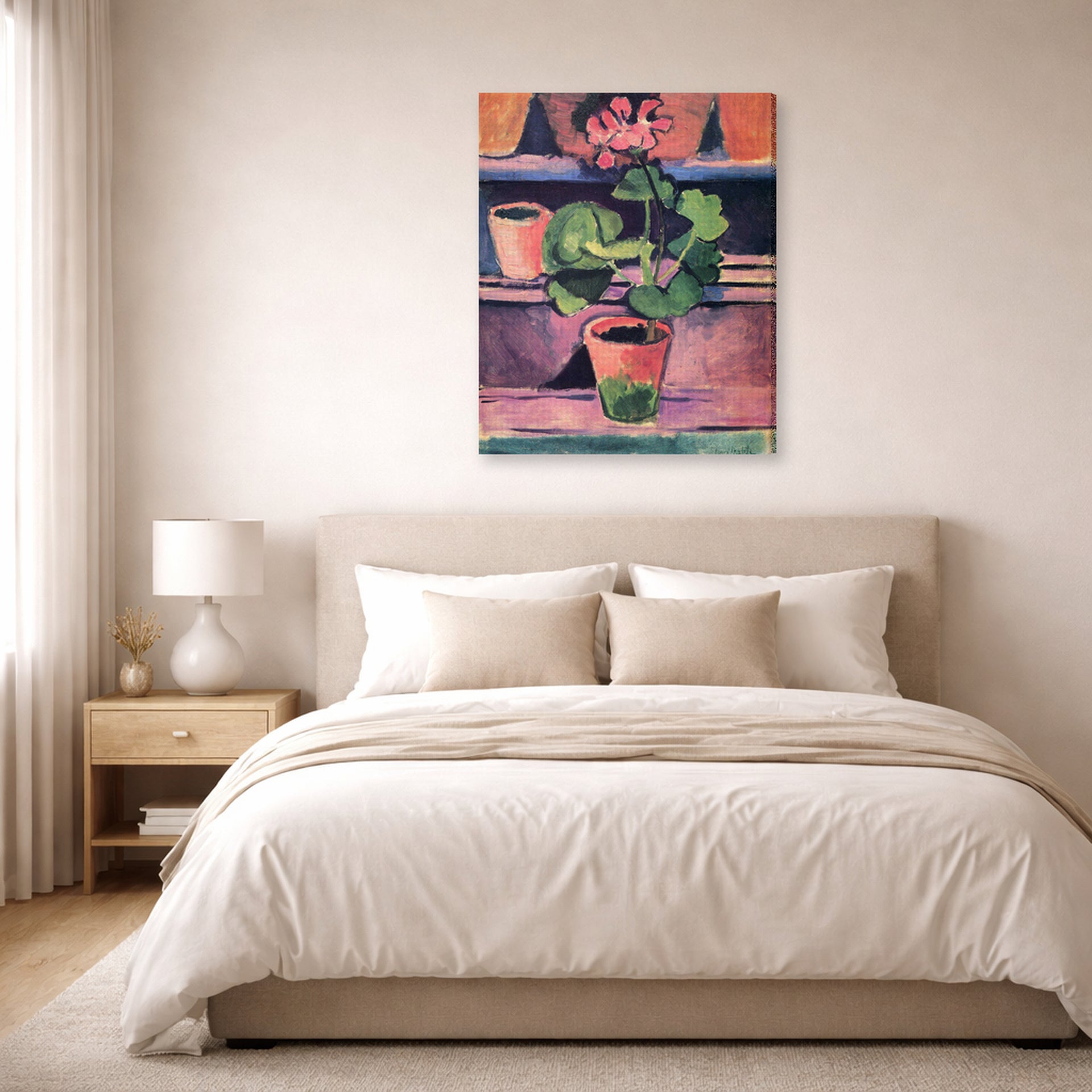Gallery-wrapped canvas print of Henri Matisse's Still Life hanging above a bed in a bedroom