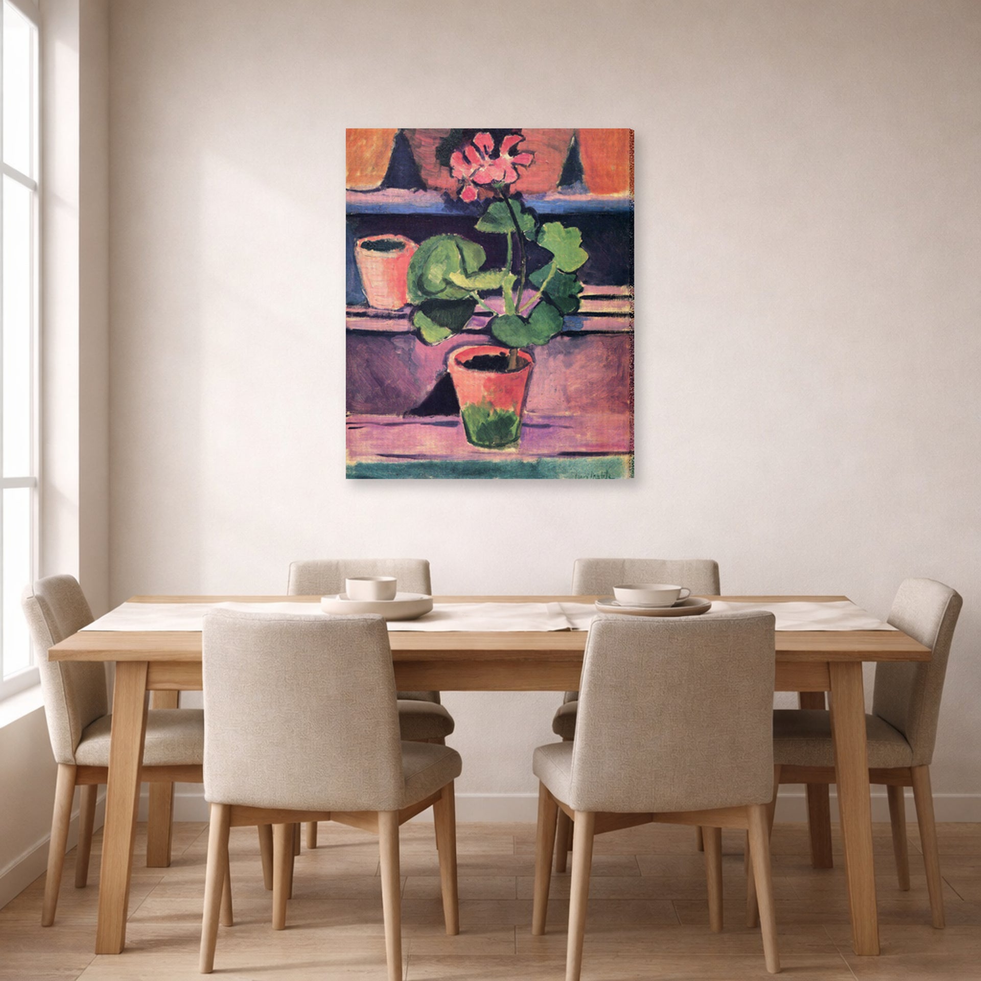 Gallery-wrapped canvas print of Henri Matisse's Still Life hanging on a dining room wall