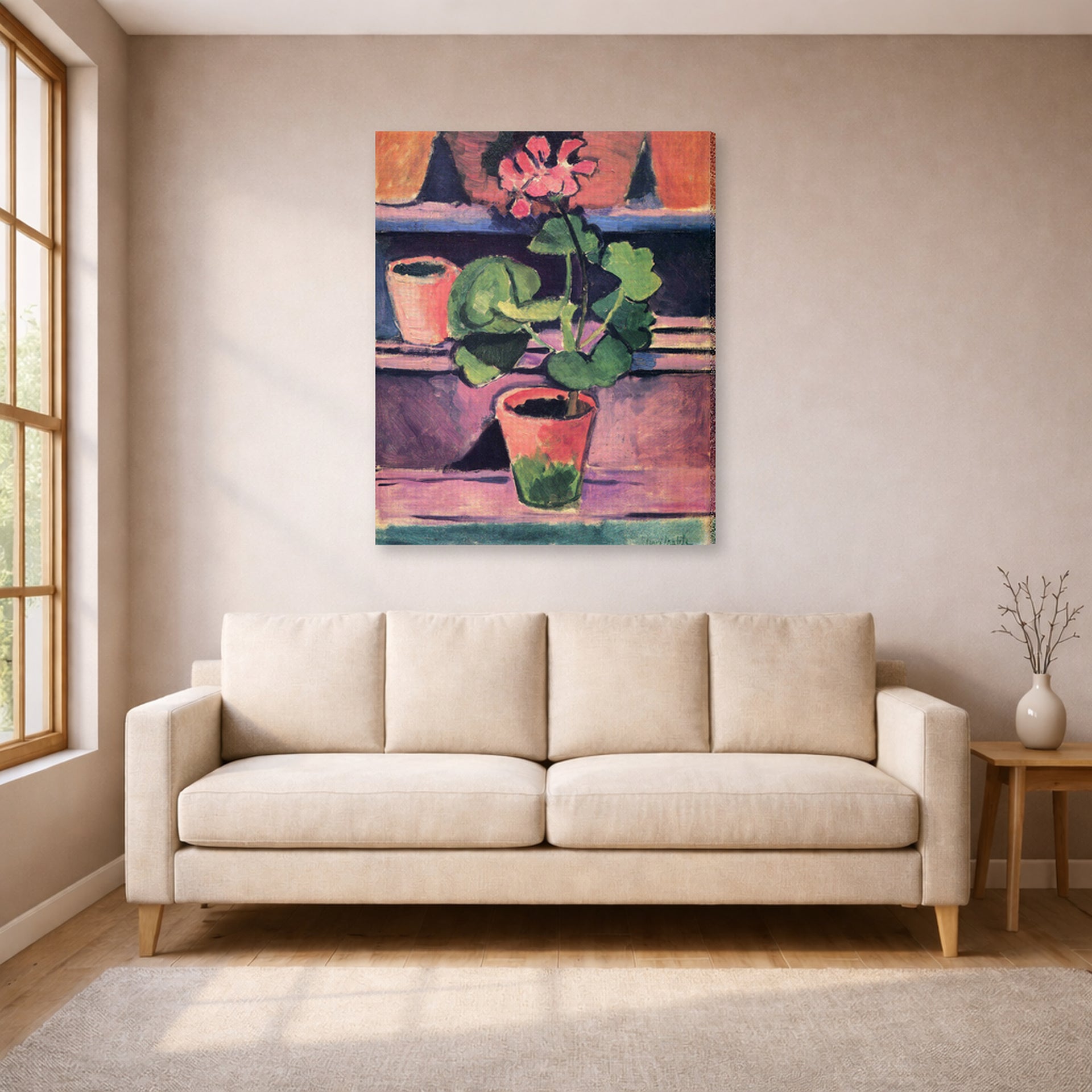 Gallery-wrapped canvas print of Henri Matisse's Still Life hanging in a living room, view 1