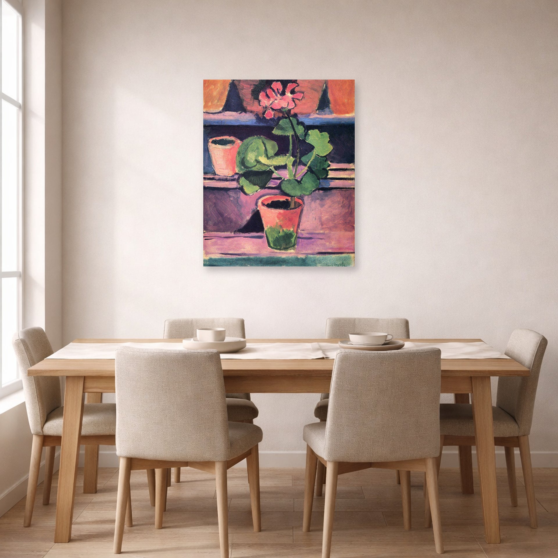 Unframed poster print of Henri Matisse's Still Life displayed on a dining room wall