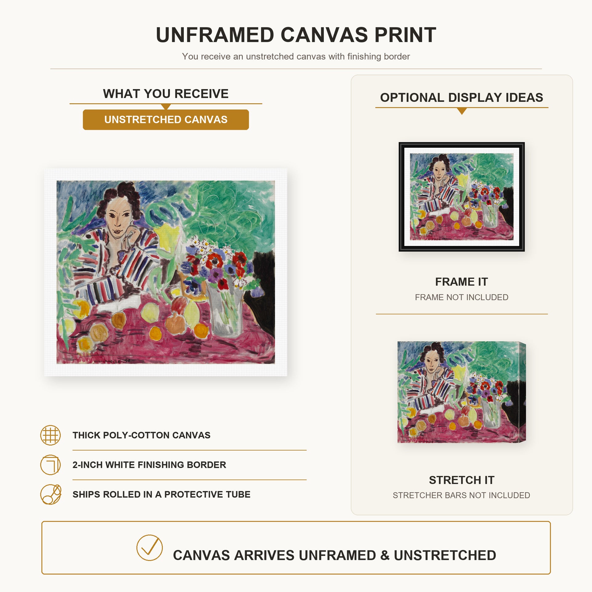 Henri Matisse - Striped Robe, Fruit and Anemones canvas print size comparison and framing display infographic
