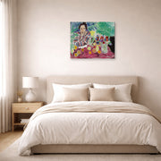 Gallery-wrapped canvas print of Henri Matisse's Striped Robe, Fruit and Anemones hanging above a bed in a bedroom