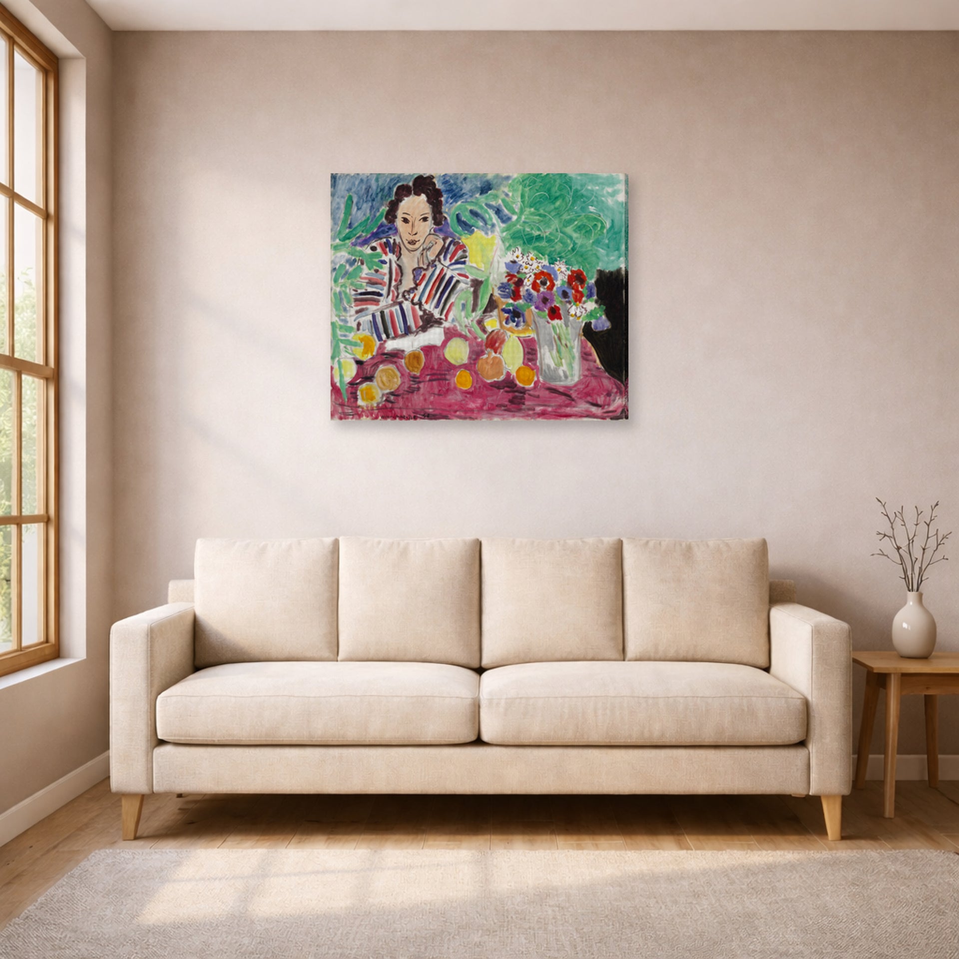 Gallery-wrapped canvas print of Henri Matisse's Striped Robe, Fruit and Anemones hanging in a living room, view 1