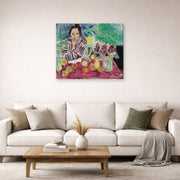 Gallery-wrapped canvas print of Henri Matisse's Striped Robe, Fruit and Anemones hanging in a living room, view 2