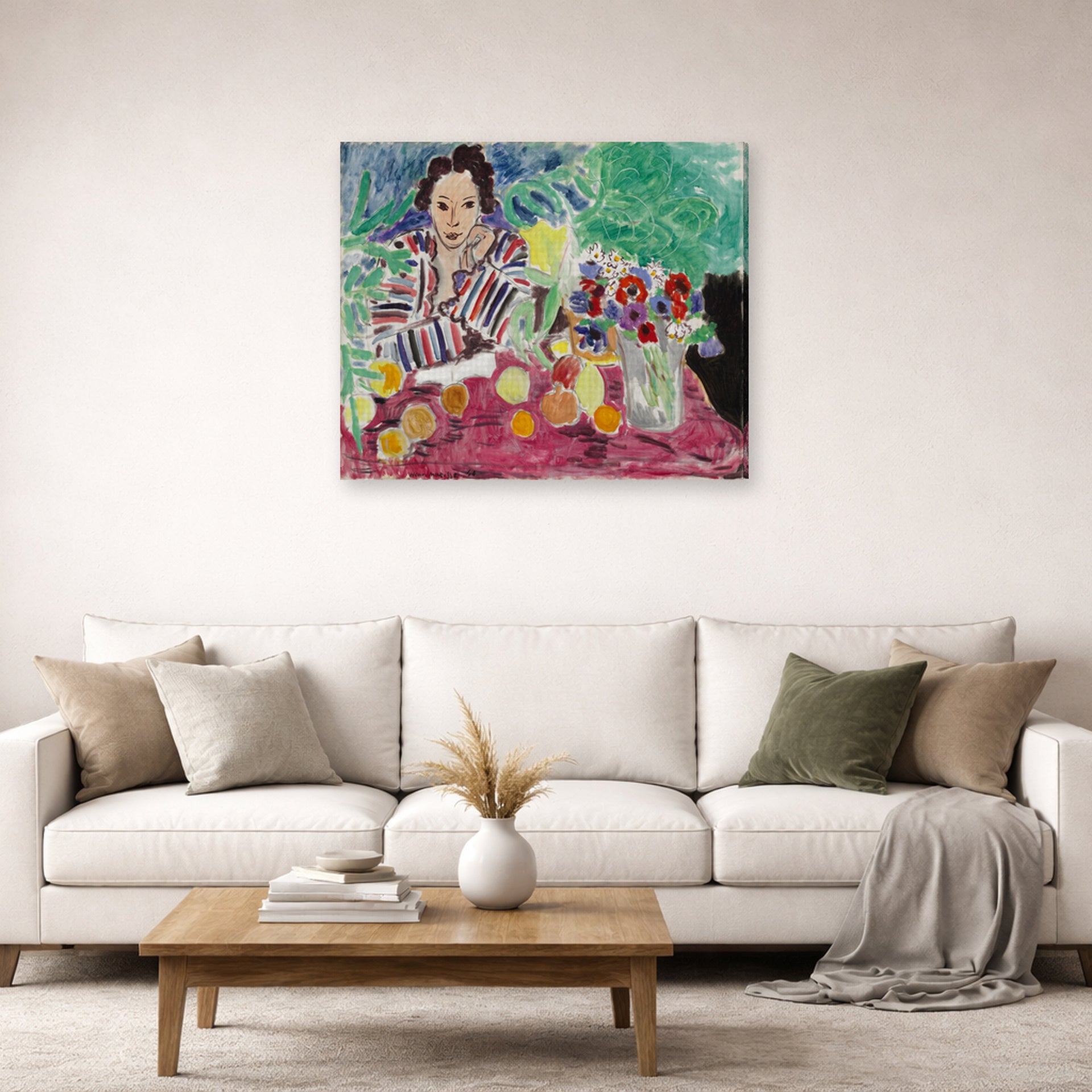 Gallery-wrapped canvas print of Henri Matisse's Striped Robe, Fruit and Anemones hanging in a living room, view 2
