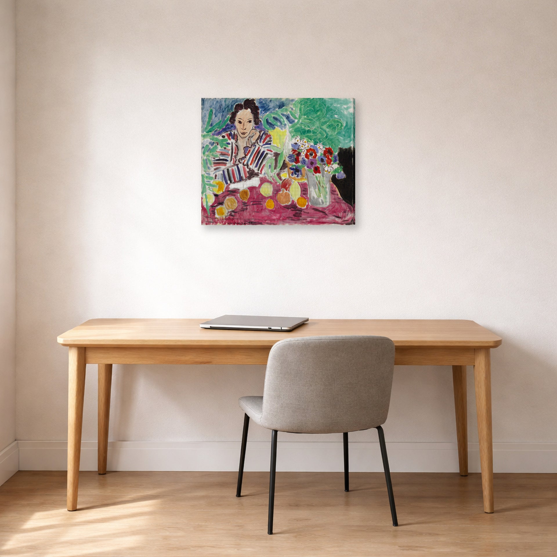 Gallery-wrapped canvas print of Henri Matisse's Striped Robe, Fruit and Anemones hanging in a home office