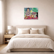Unframed poster print of Henri Matisse's Striped Robe, Fruit and Anemones displayed above a bed in a bedroom
