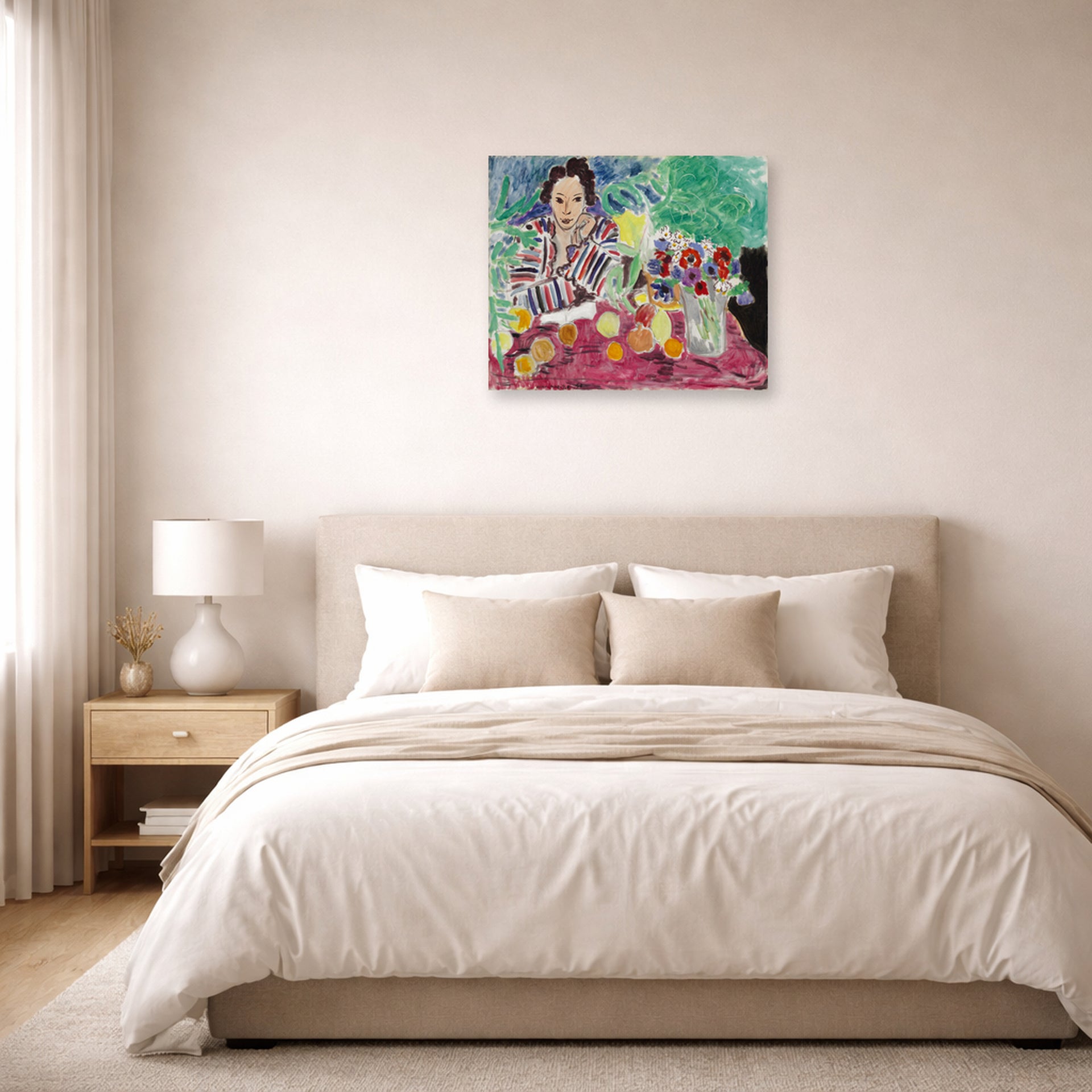 Unframed poster print of Henri Matisse's Striped Robe, Fruit and Anemones displayed above a bed in a bedroom